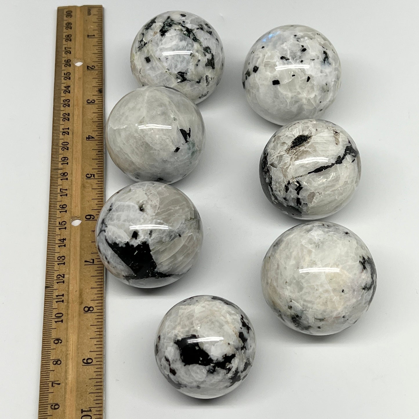 1035g, 1.6" - 2", 7pcs, Rainbow Moonstone Spheres Gemstones @India, B21430