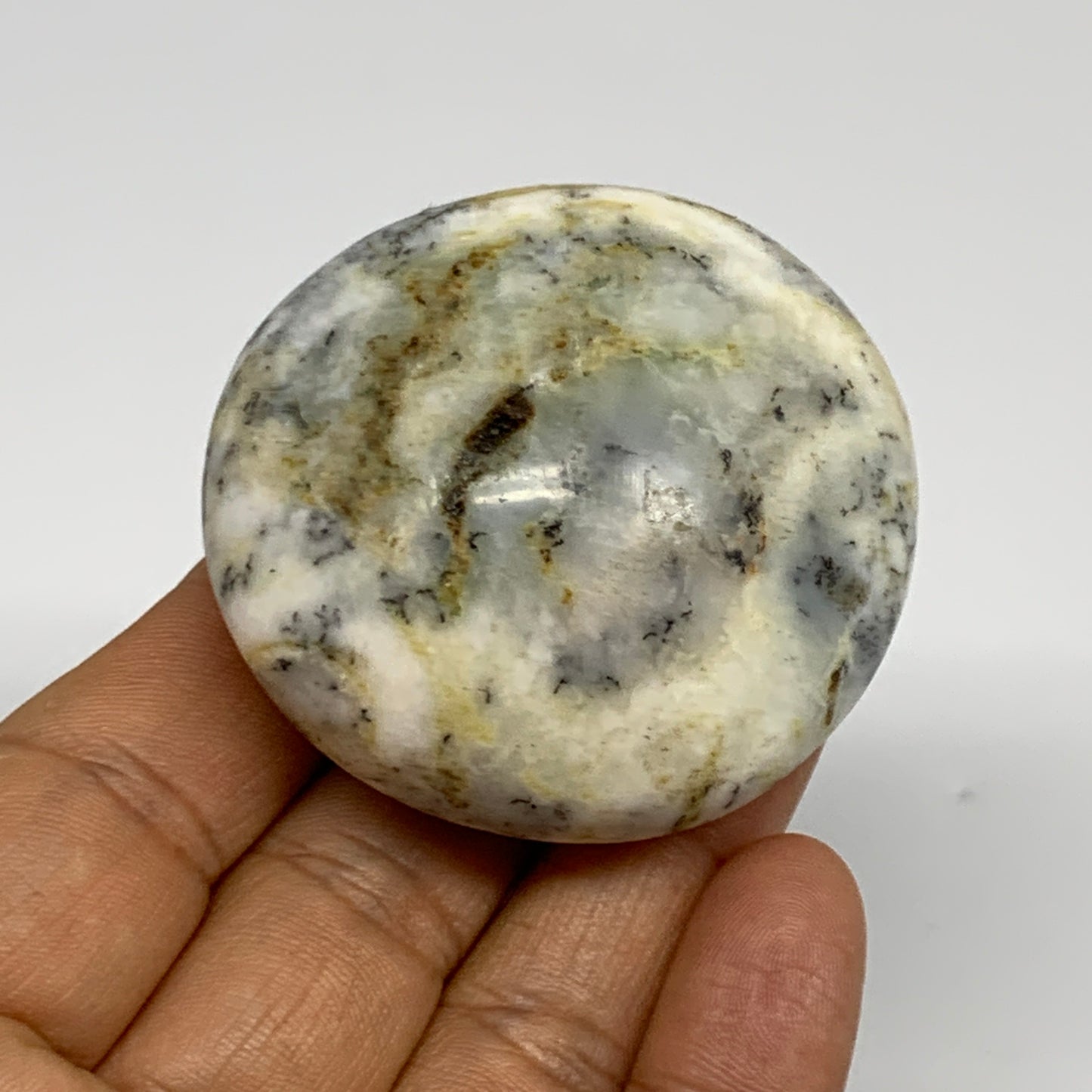 82.1g, 2"x1.9"x1.1", Dendrite Opal Palm-Stone Reiki Energy Crystal, B27842