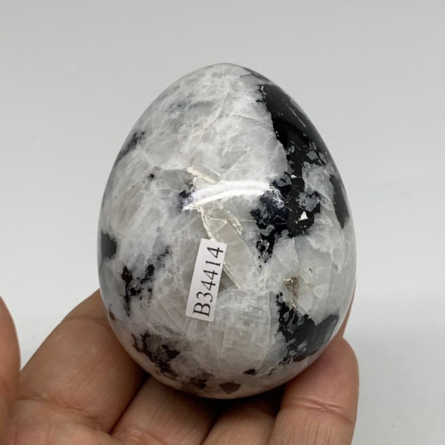 216g, 2.5"x1.9", Natural Gemstone White Rainbow Moonstone Egg, B34414