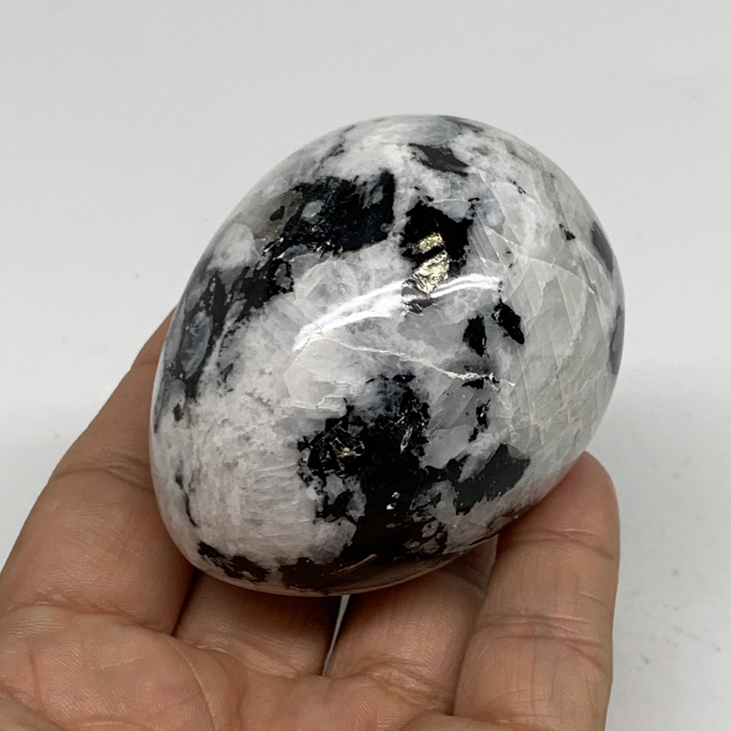 216g, 2.5"x1.9", Natural Gemstone White Rainbow Moonstone Egg, B34414