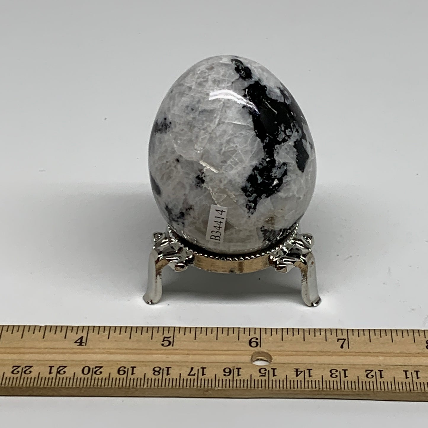 216g, 2.5"x1.9", Natural Gemstone White Rainbow Moonstone Egg, B34414