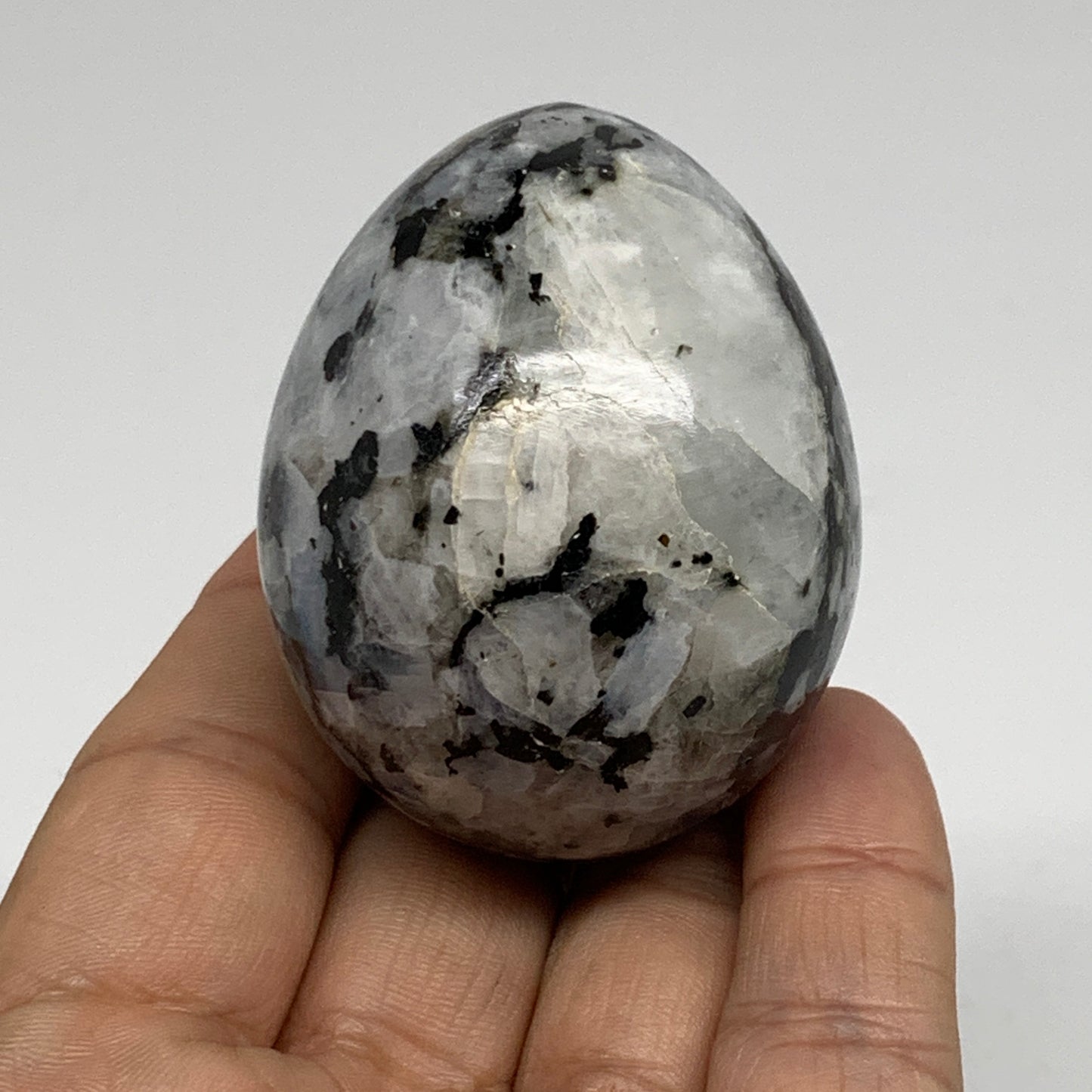 131.9g, 2.1"x1.7", Natural Gemstone White Rainbow Moonstone Egg, B34423