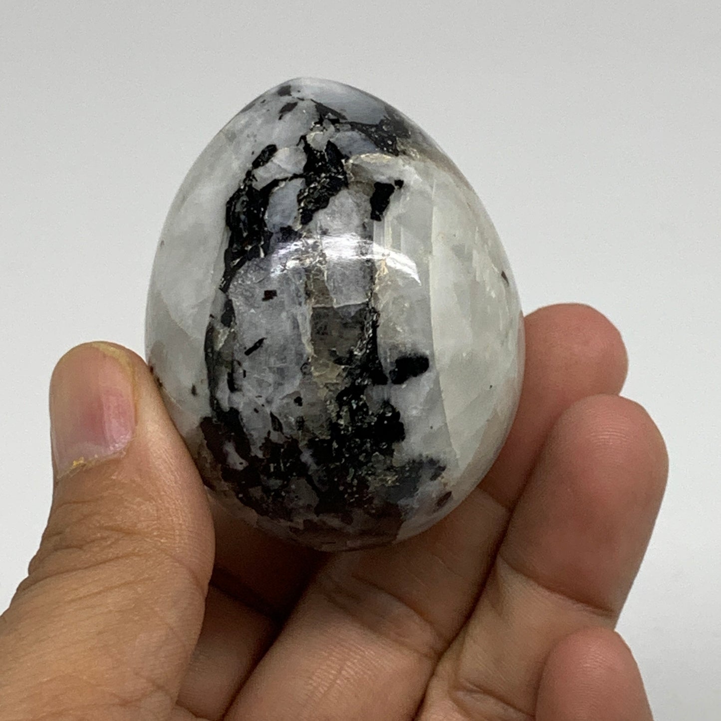 131.9g, 2.1"x1.7", Natural Gemstone White Rainbow Moonstone Egg, B34423