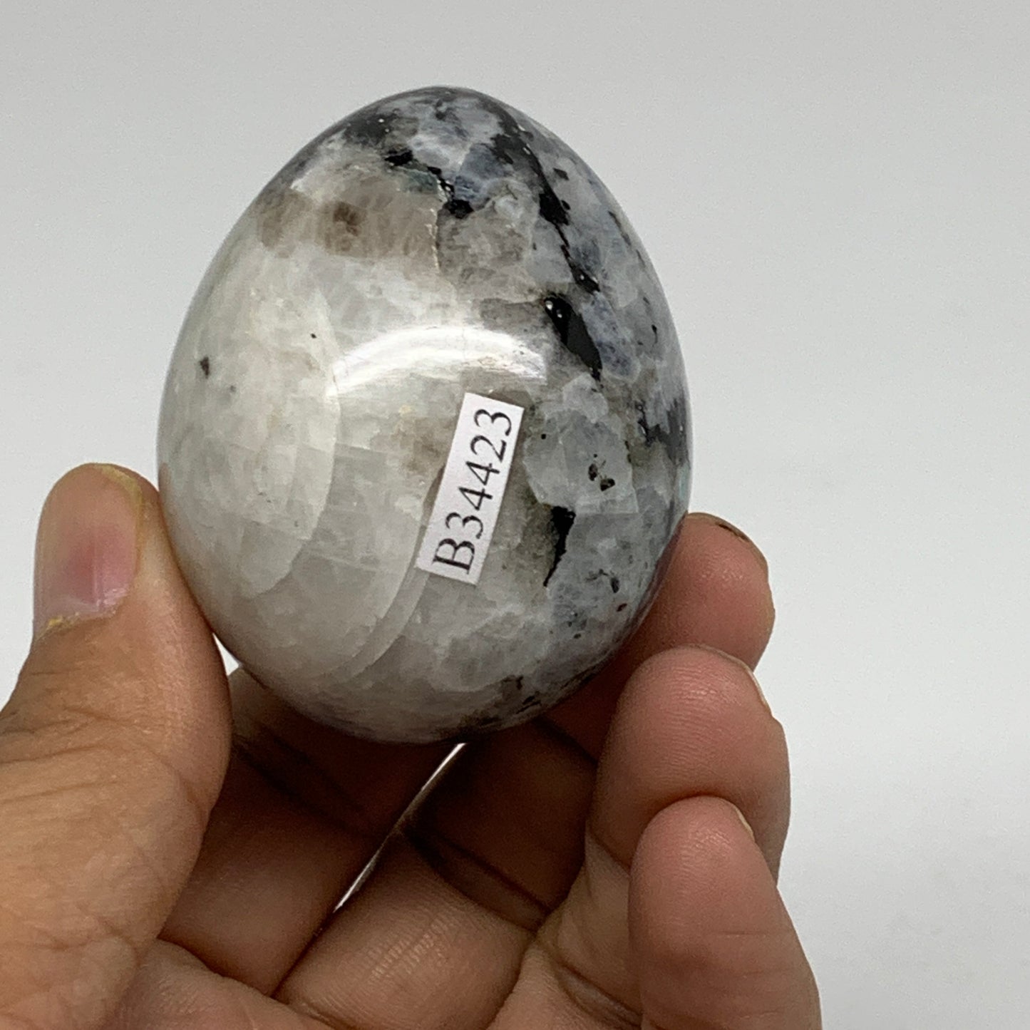 131.9g, 2.1"x1.7", Natural Gemstone White Rainbow Moonstone Egg, B34423