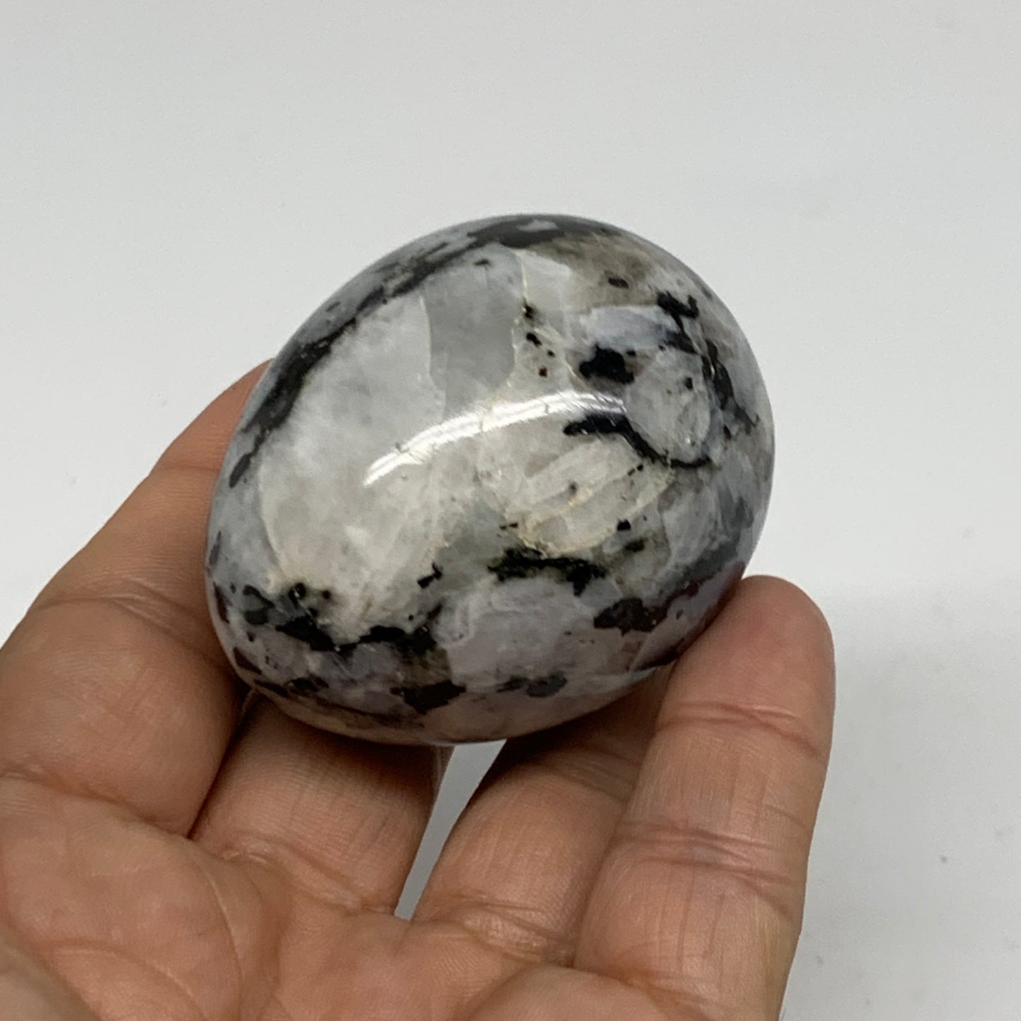 131.9g, 2.1"x1.7", Natural Gemstone White Rainbow Moonstone Egg, B34423