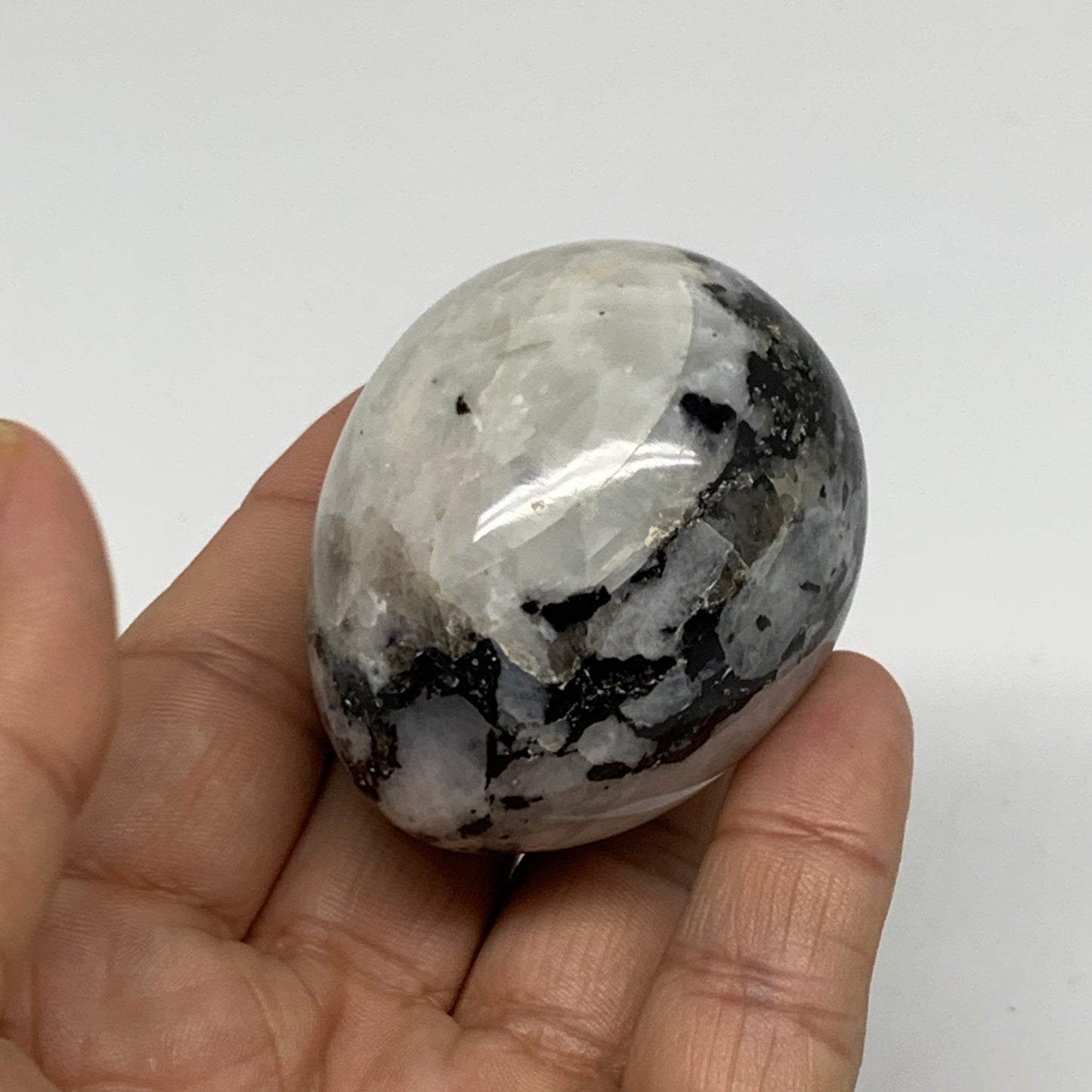 131.9g, 2.1"x1.7", Natural Gemstone White Rainbow Moonstone Egg, B34423