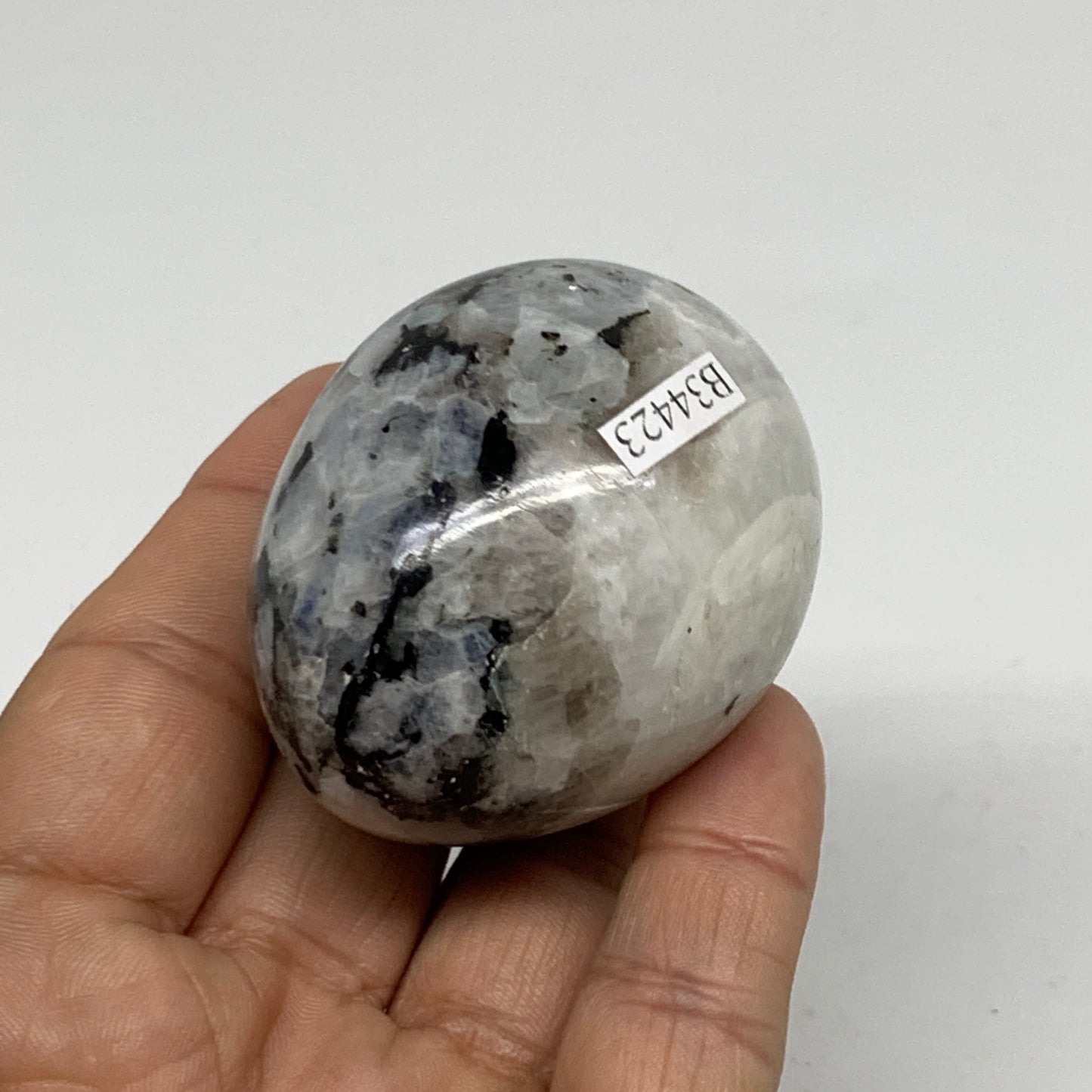 131.9g, 2.1"x1.7", Natural Gemstone White Rainbow Moonstone Egg, B34423