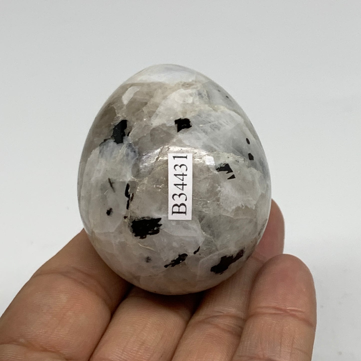 121.7g, 2"x1.7", Natural Gemstone White Rainbow Moonstone Egg, B34431