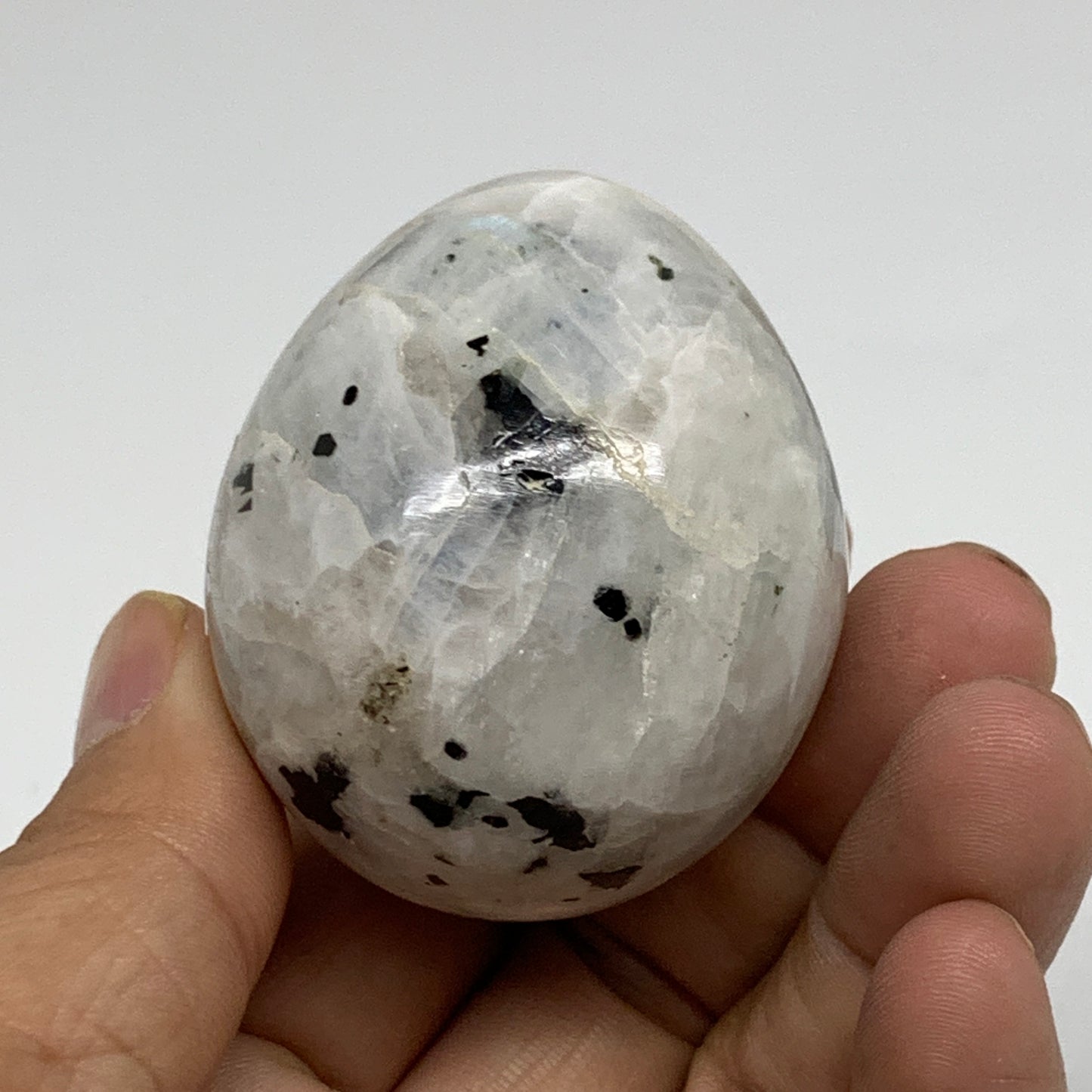 121.7g, 2"x1.7", Natural Gemstone White Rainbow Moonstone Egg, B34431