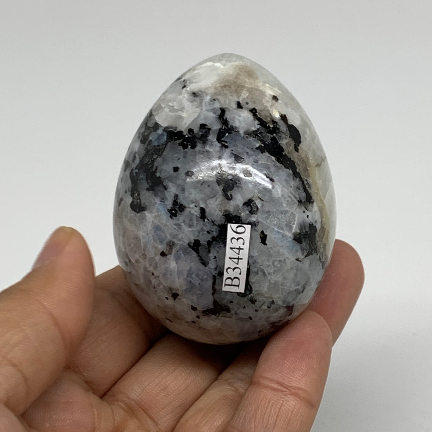 171.6g, 2.4"x1.8", Natural Gemstone White Rainbow Moonstone Egg, B34436