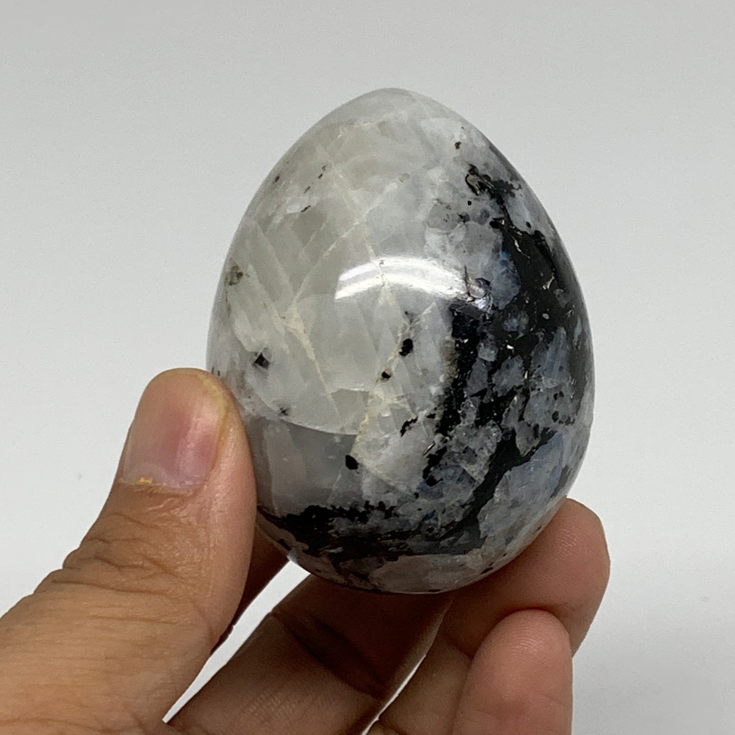 171.6g, 2.4"x1.8", Natural Gemstone White Rainbow Moonstone Egg, B34436