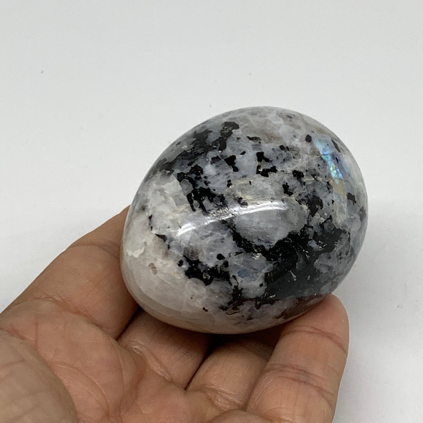 171.6g, 2.4"x1.8", Natural Gemstone White Rainbow Moonstone Egg, B34436