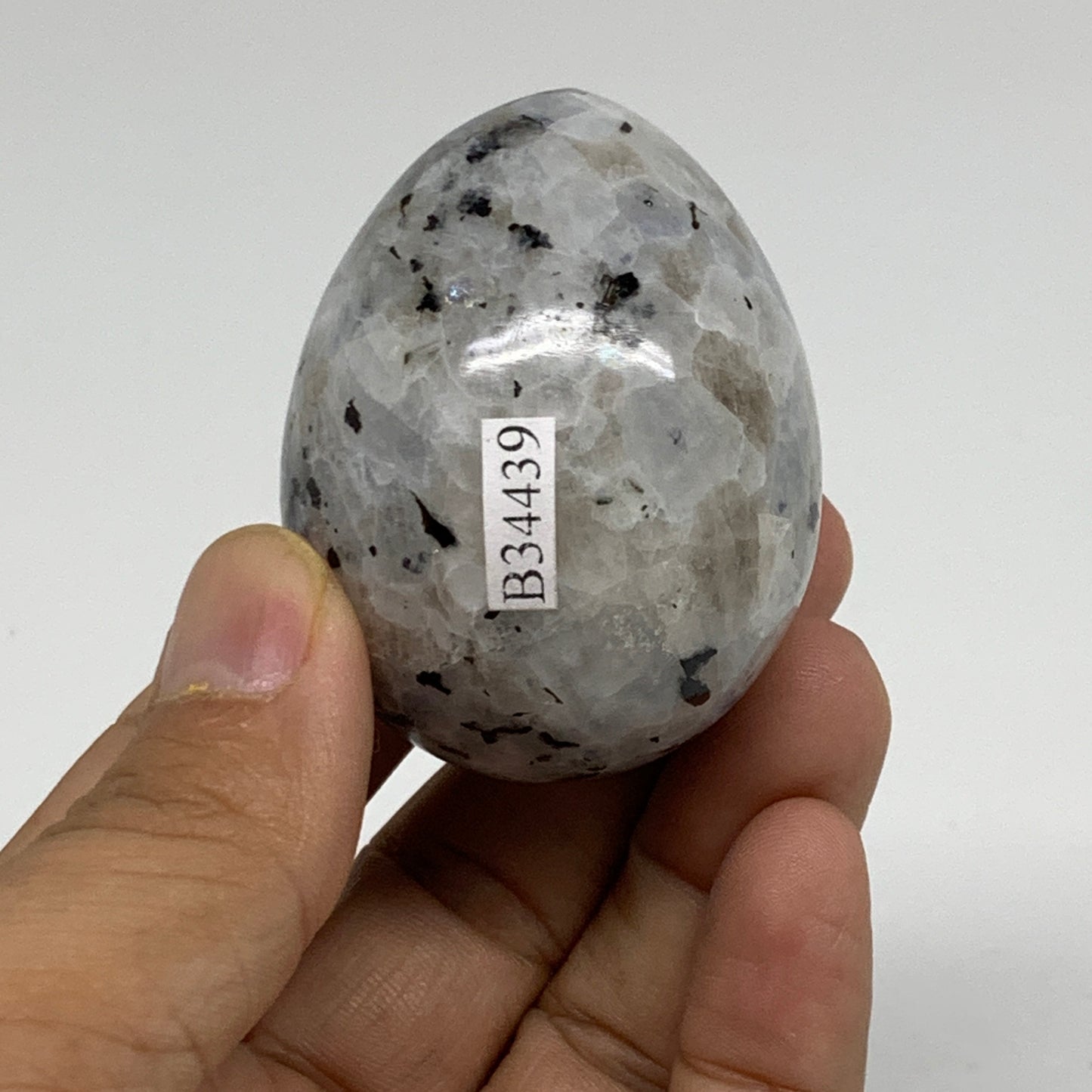 119.9g, 2.1"x1.6", Natural Gemstone White Rainbow Moonstone Egg, B34439