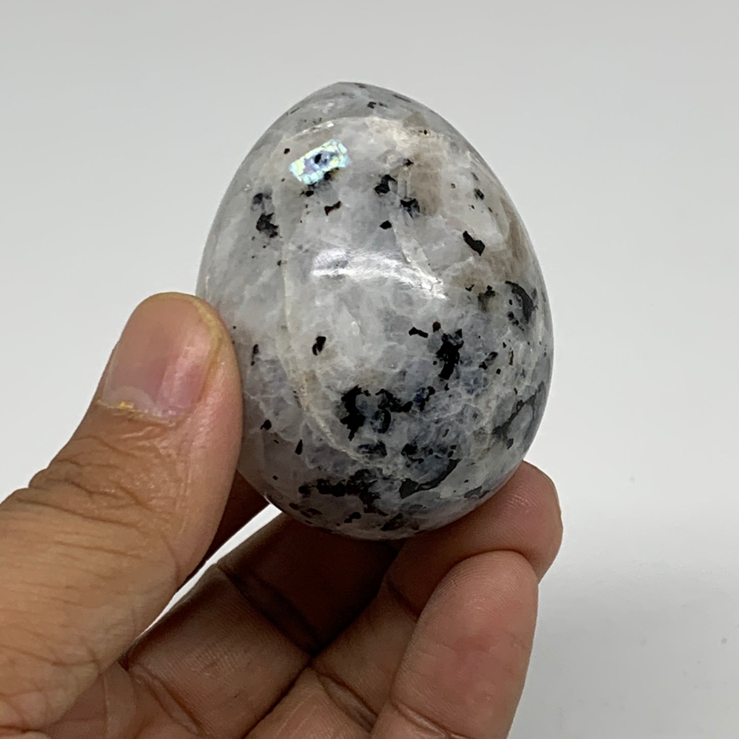 119.9g, 2.1"x1.6", Natural Gemstone White Rainbow Moonstone Egg, B34439