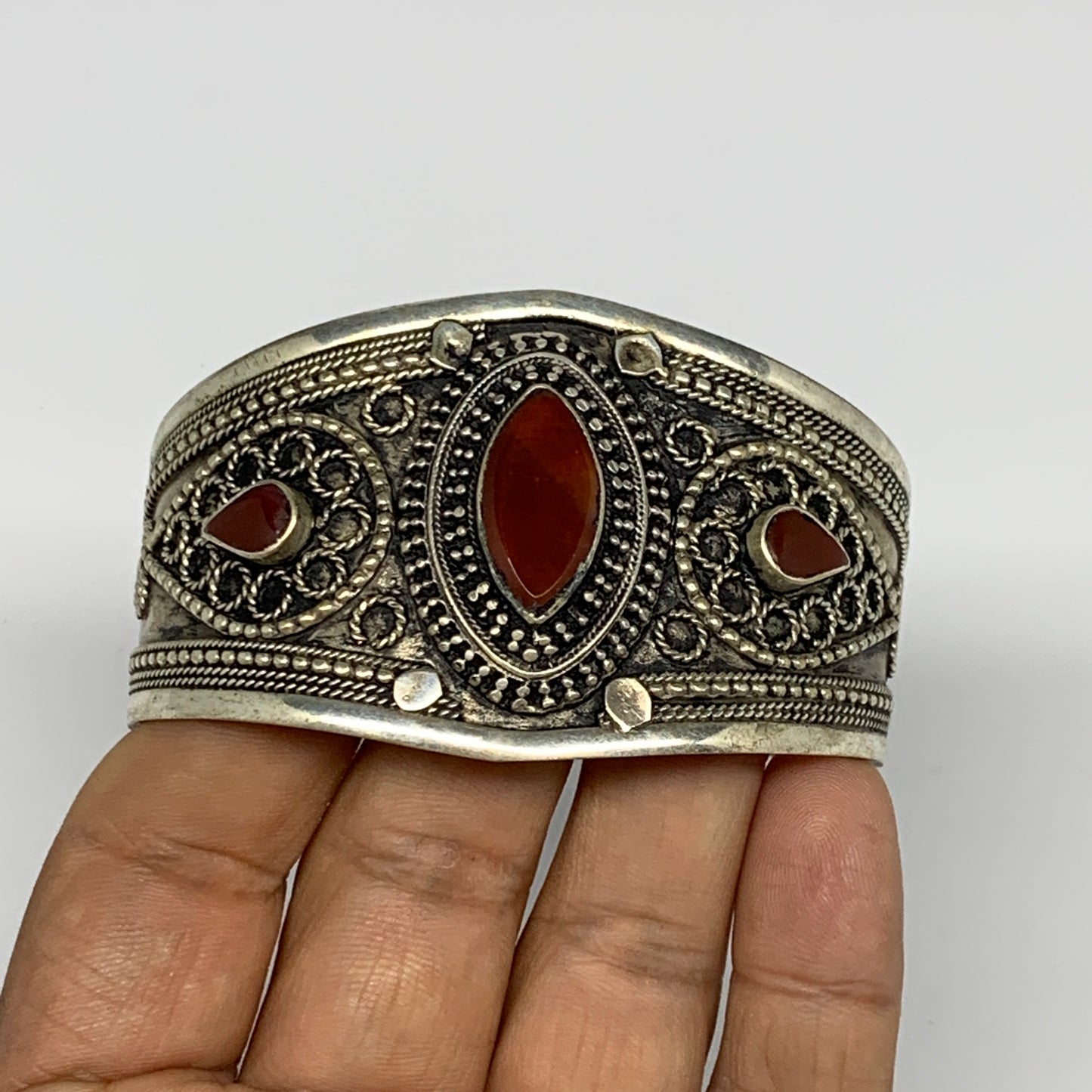 34.8g, 1.6" Red Carnelian Turkmen Cuff Bracelet Tribal Small Marquise, B13483