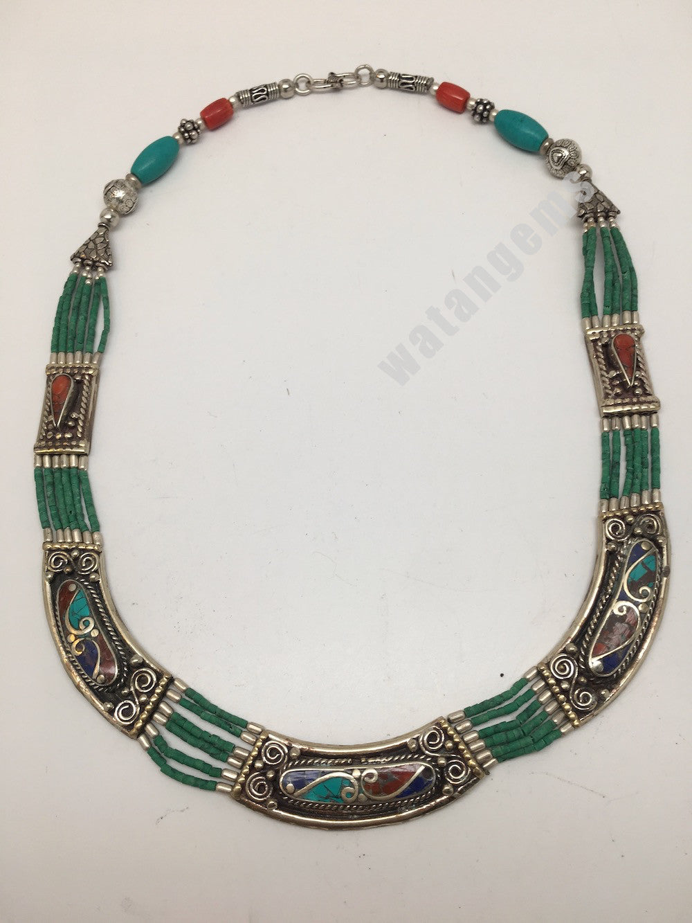 Ethnic Tribal Lapis, Red Coral & Green Turquoise Inlay Statement Necklace,NPN135