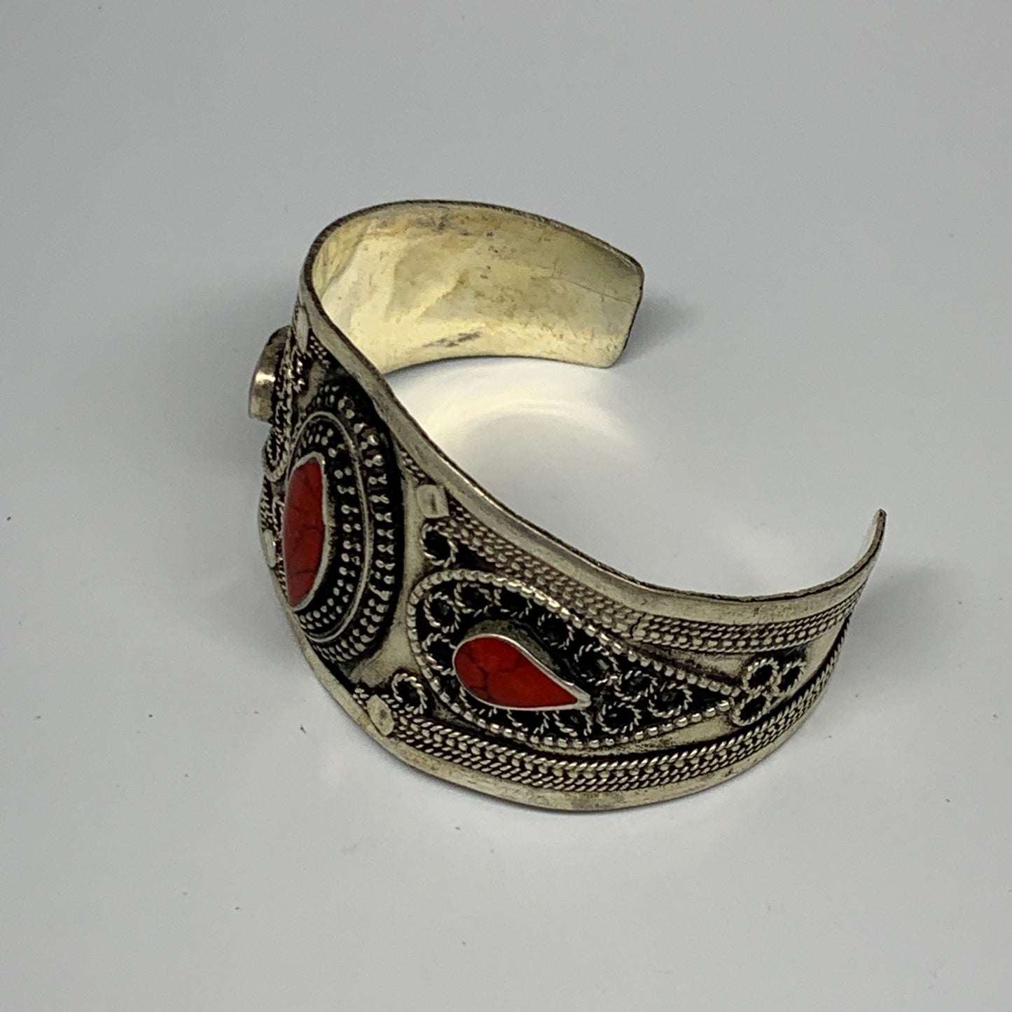 33.8g, 1.6" Turkmen Cuff Bracelet Tribal Small Marquise, Red Coral Inlay, B13500