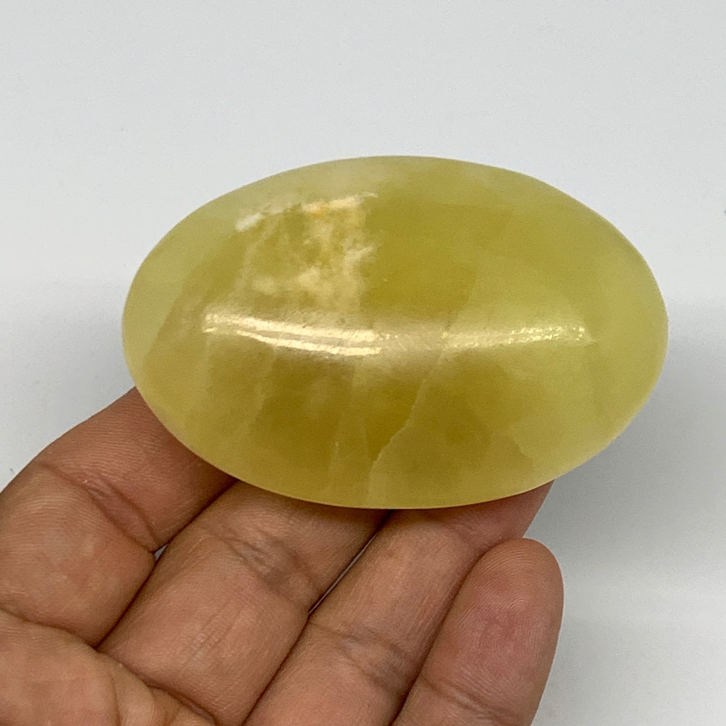 114.9g, 2.7"x1.8"x0.9", Lemon Calcite Palm-Stone Crystal Polished @Pakistan,B264