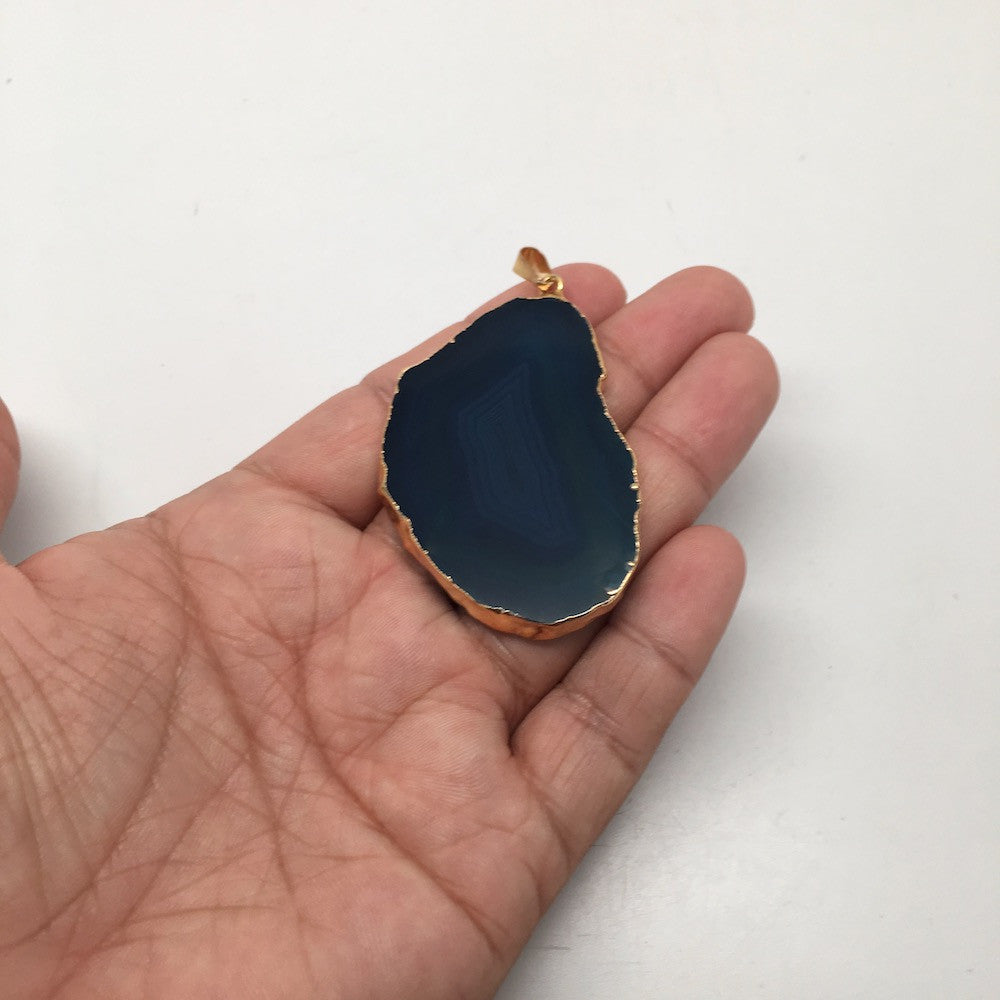 87 cts Blue Agate Druzy Slice Geode Pendant Gold Plated From Brazil, Bp989 - watangem.com