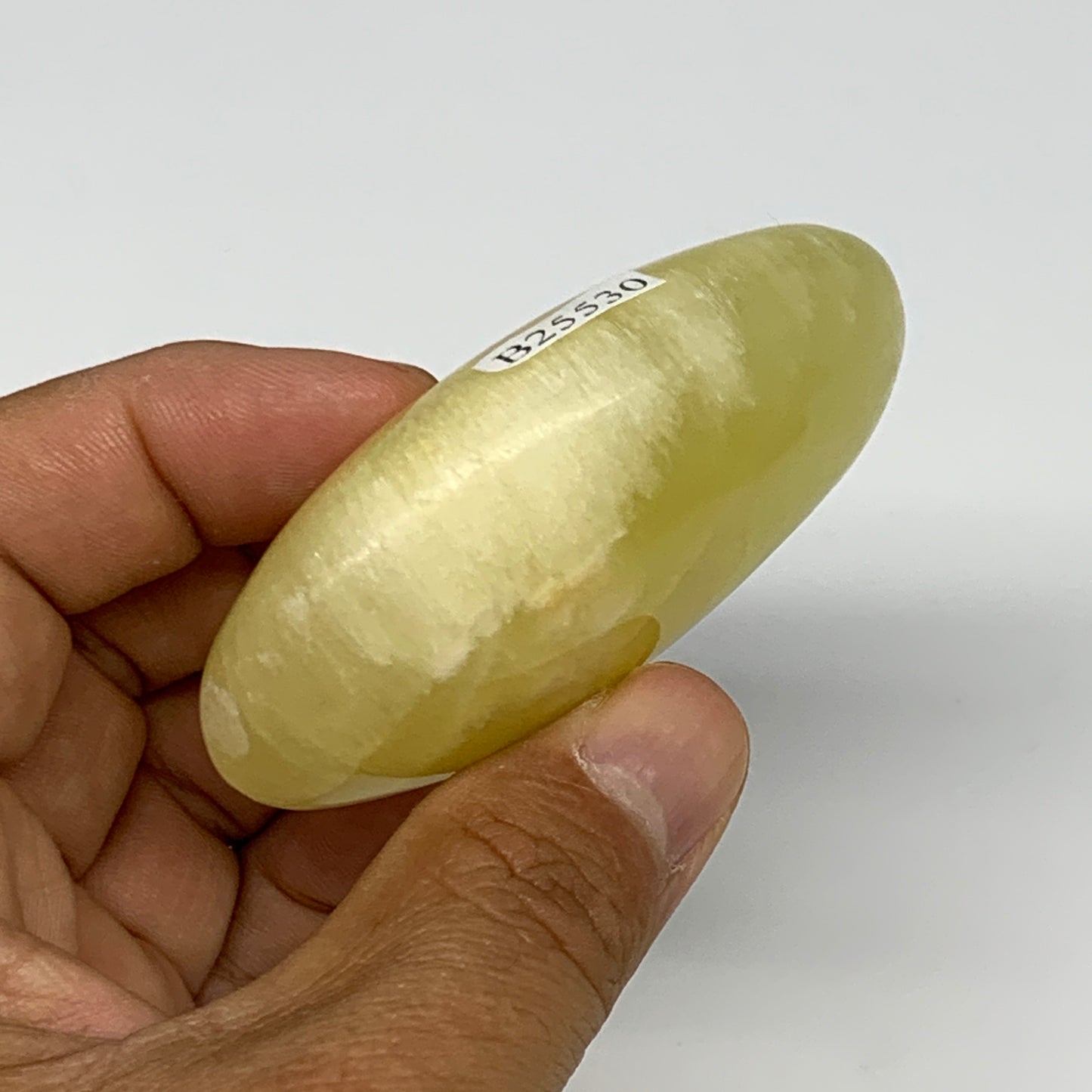 114.9g, 2.7"x1.8"x0.9", Lemon Calcite Palm-Stone Crystal Polished @Pakistan,B264