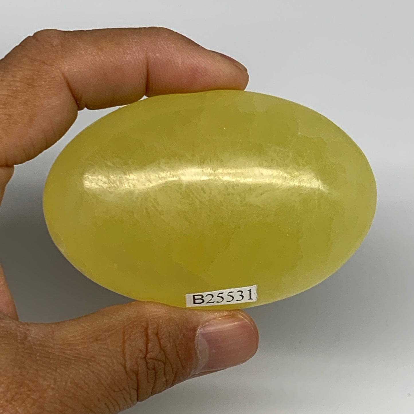 129g, 2.8"x1.9"x0.9", Lemon Calcite Palm-Stone Crystal Polished @Pakistan,B26431