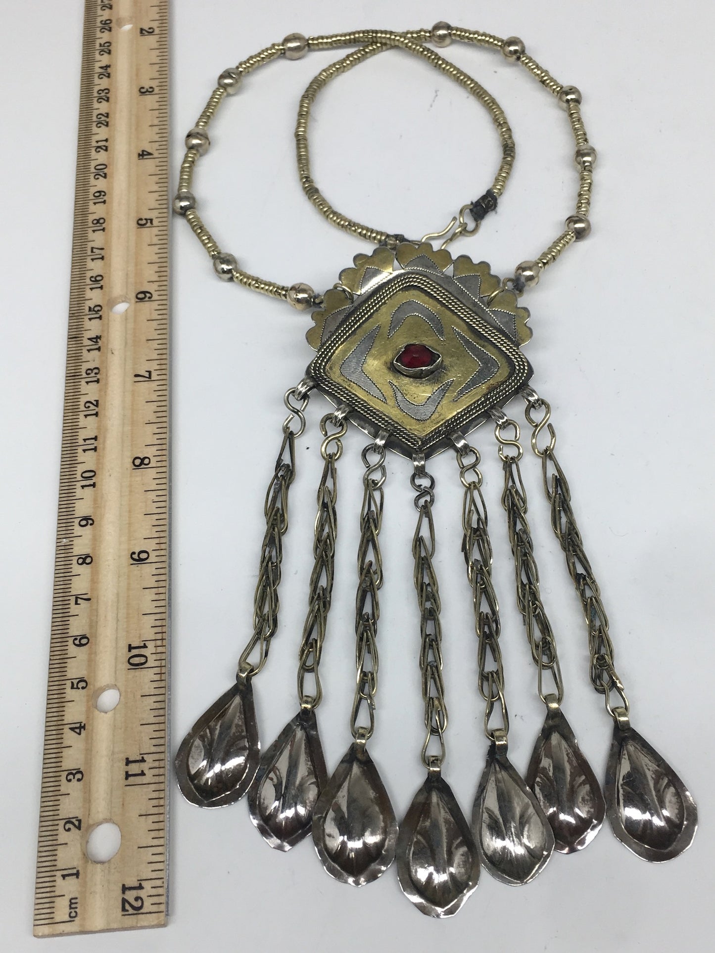 62.4g, 22" Old Turkmen Necklace Pendant Gold-Gilded Boho Statement,TN452