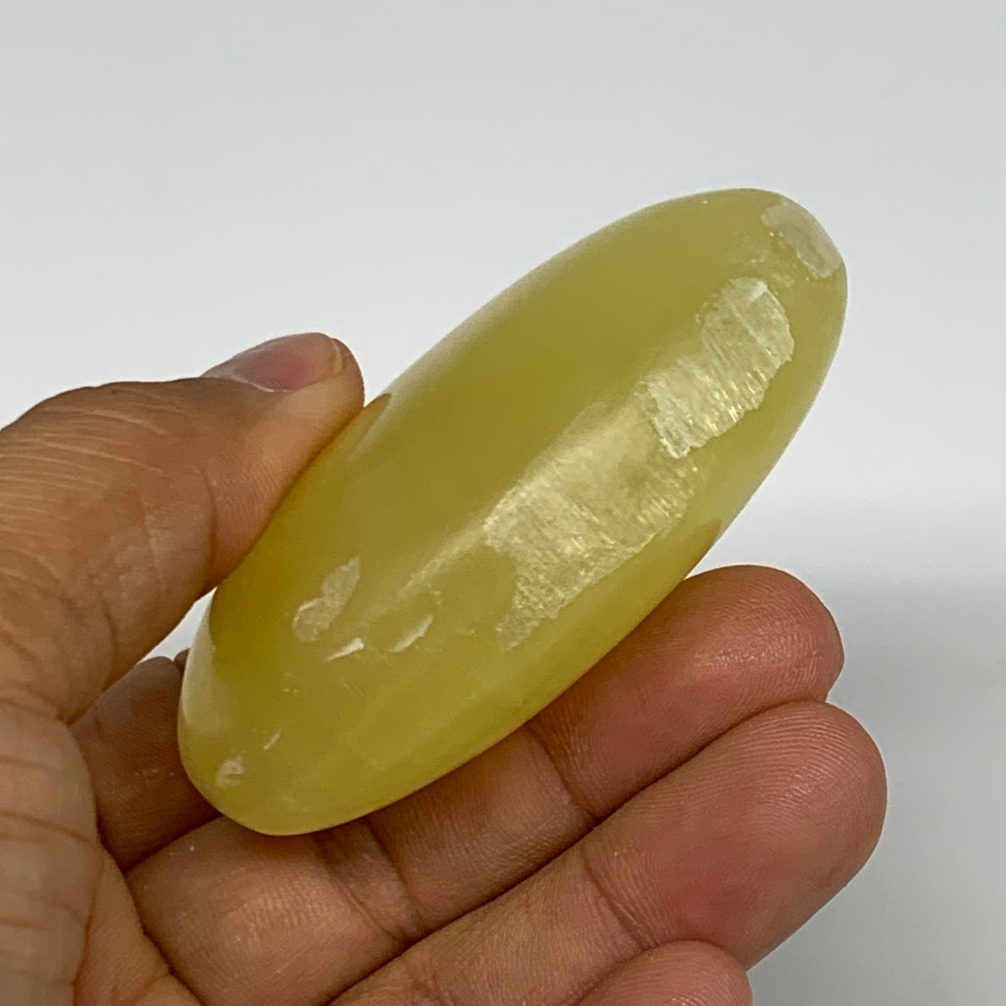 129.2g, 2.6"x1.8"x1", Lemon Calcite Palm-Stone Crystal Polished @Pakistan,B26439