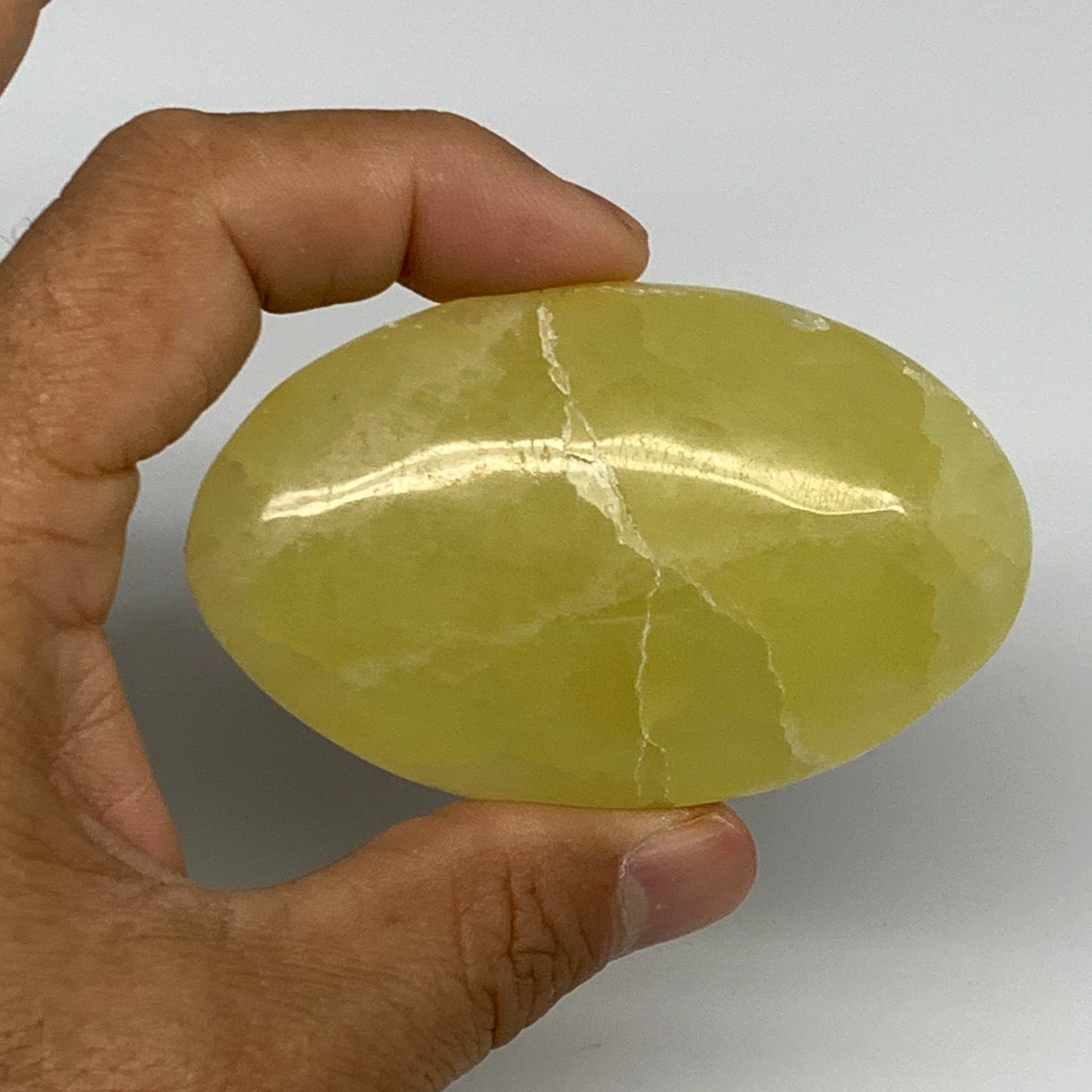 110.1g, 2.9"x1.8"x0.8", Lemon Calcite Palm-Stone Crystal Polished @Pakistan,B259