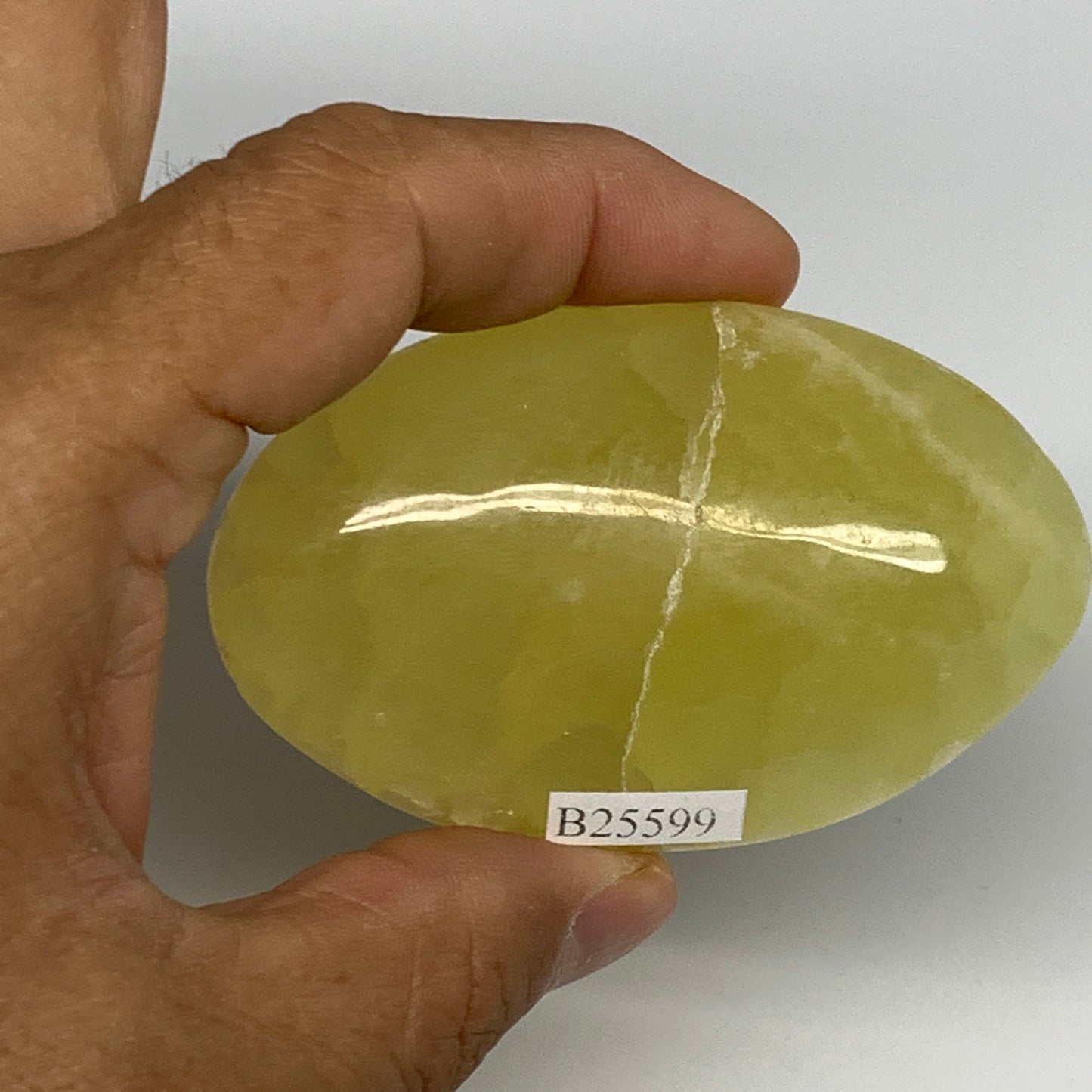 110.1g, 2.9"x1.8"x0.8", Lemon Calcite Palm-Stone Crystal Polished @Pakistan,B259