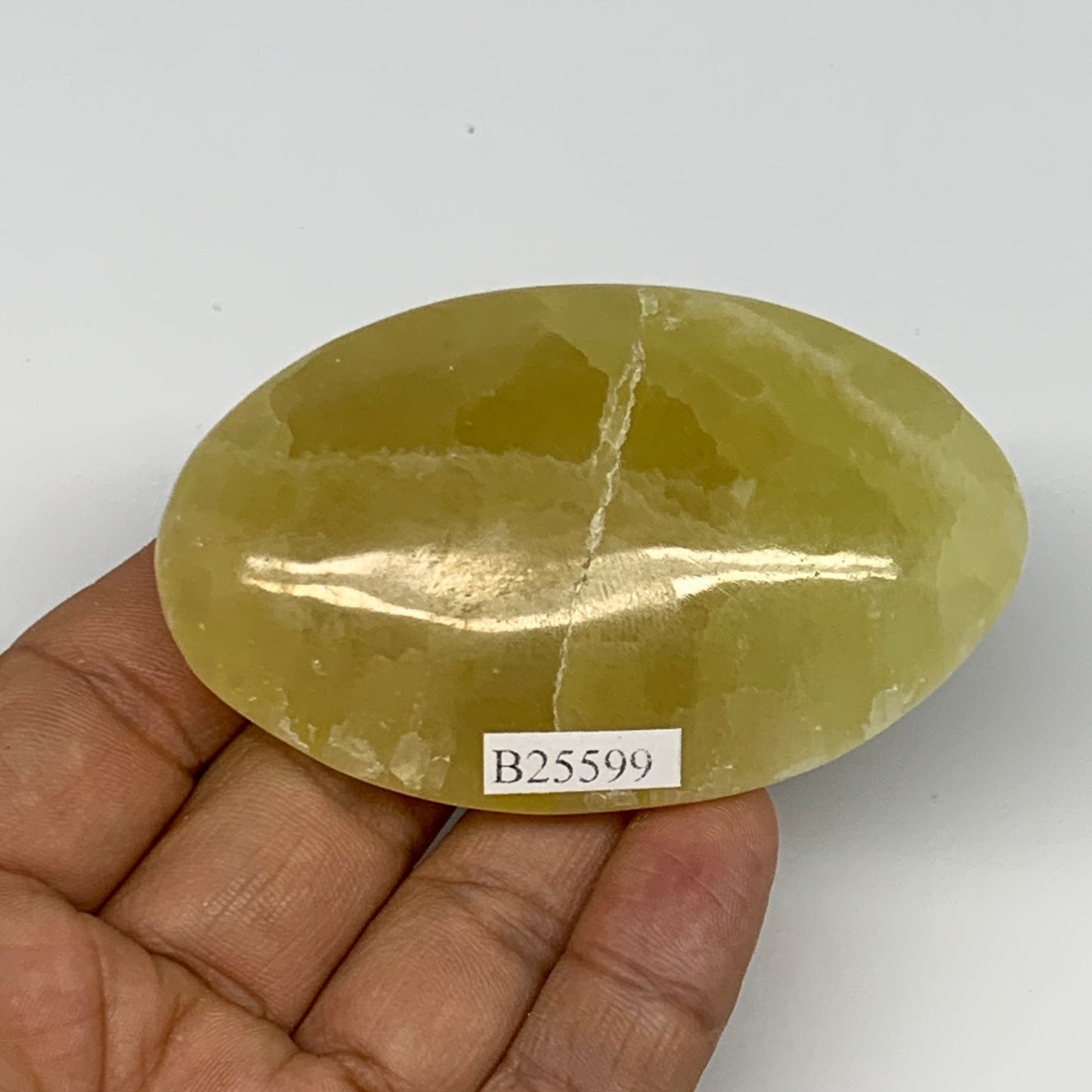 110.1g, 2.9"x1.8"x0.8", Lemon Calcite Palm-Stone Crystal Polished @Pakistan,B259