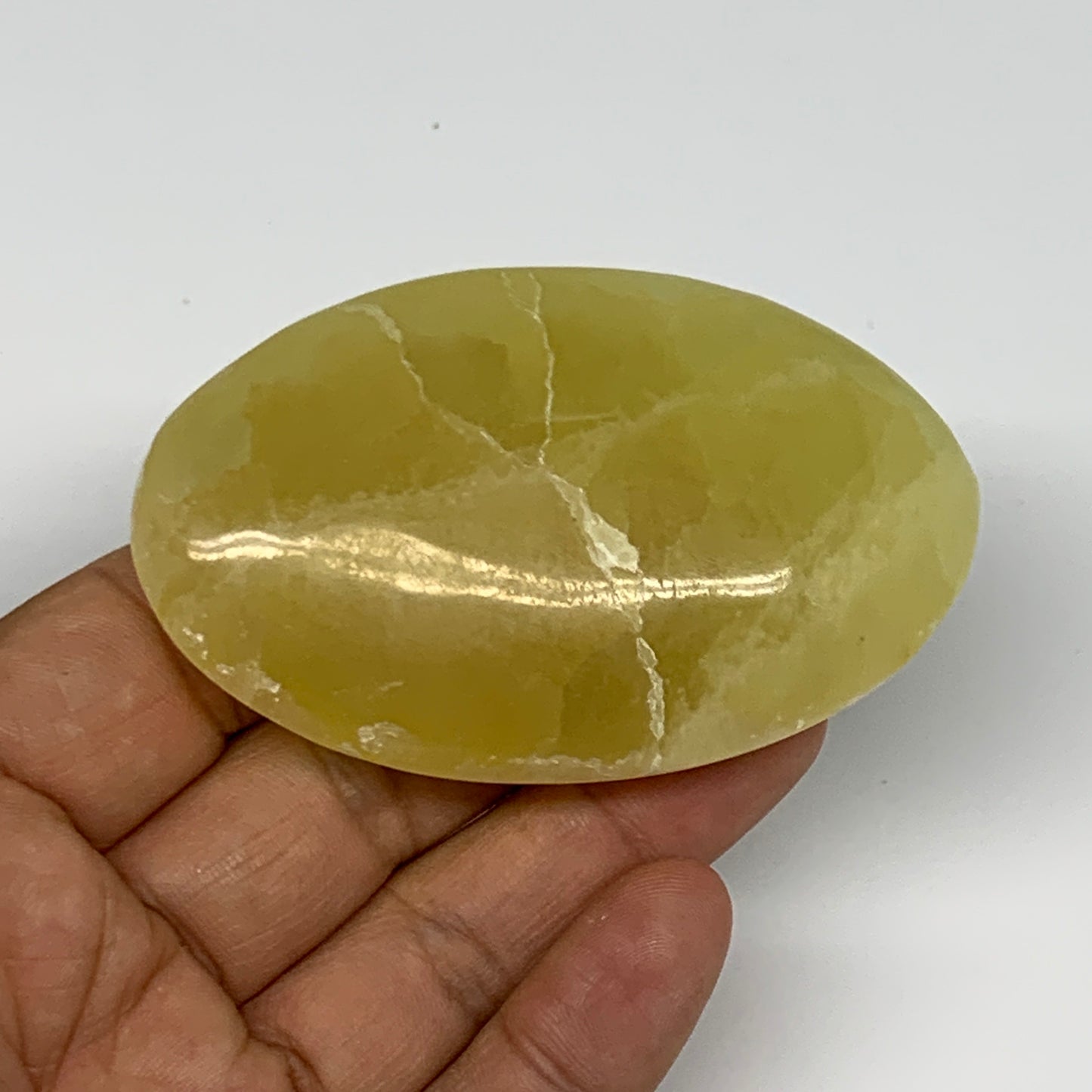 110.1g, 2.9"x1.8"x0.8", Lemon Calcite Palm-Stone Crystal Polished @Pakistan,B259