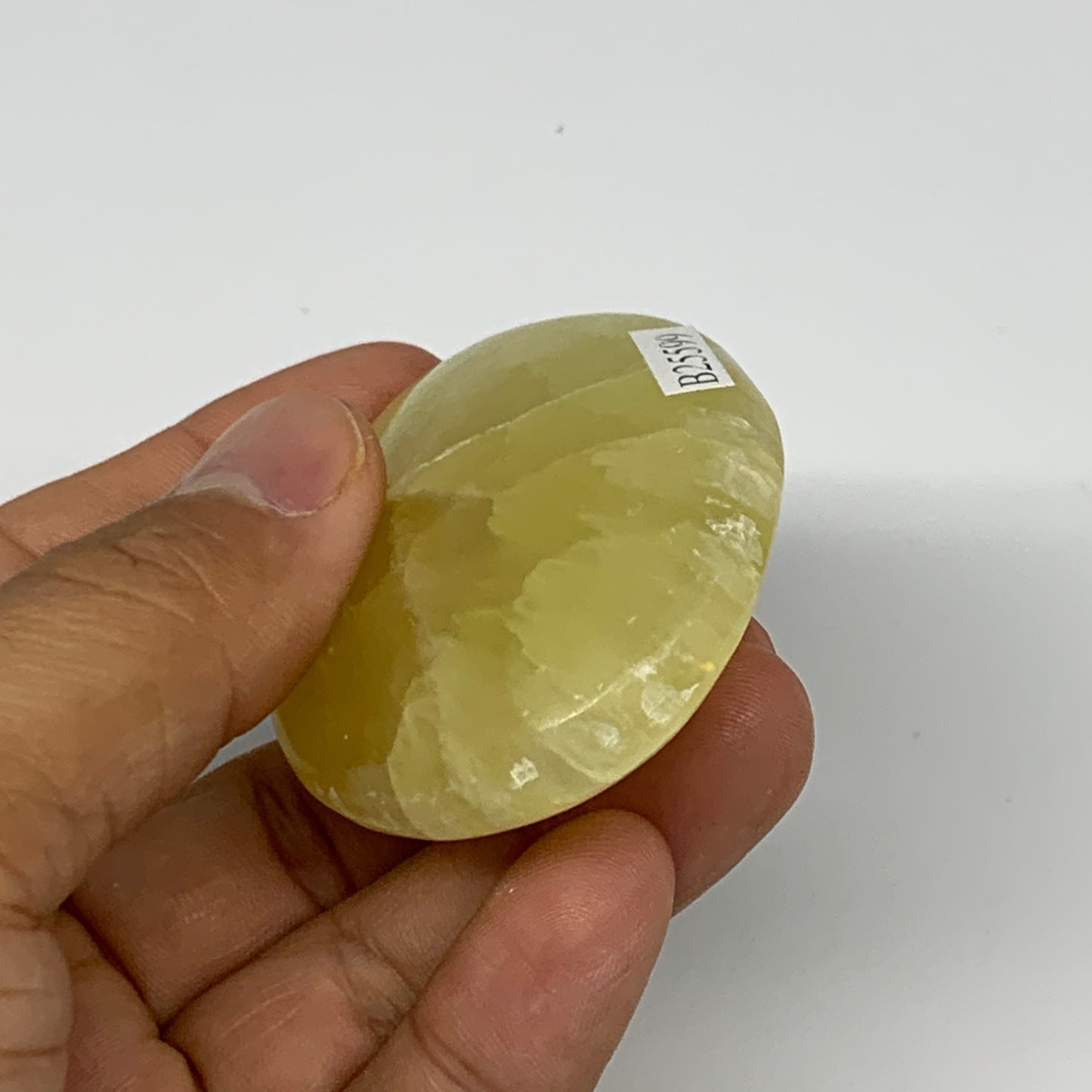 110.1g, 2.9"x1.8"x0.8", Lemon Calcite Palm-Stone Crystal Polished @Pakistan,B259