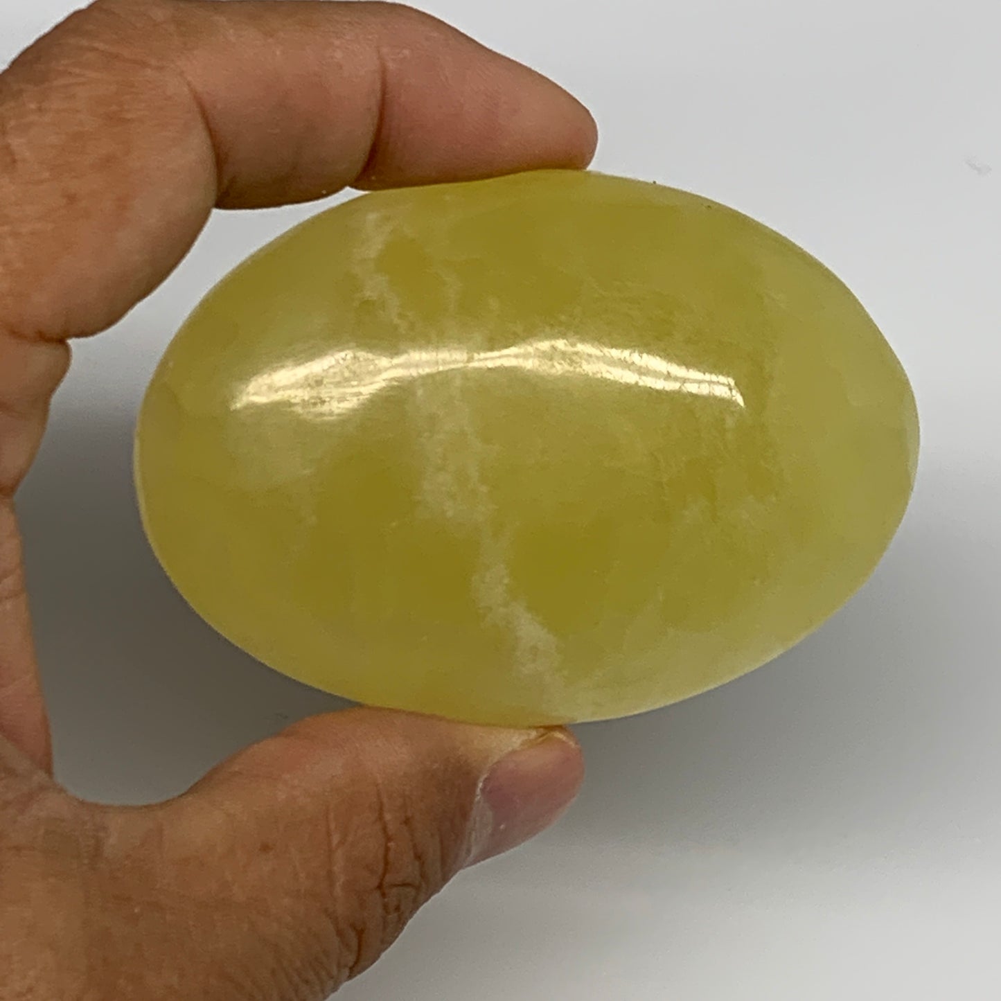 116.8g, 2.7"x1.9"x0.9", Lemon Calcite Palm-Stone Crystal Polished @Pakistan,B264