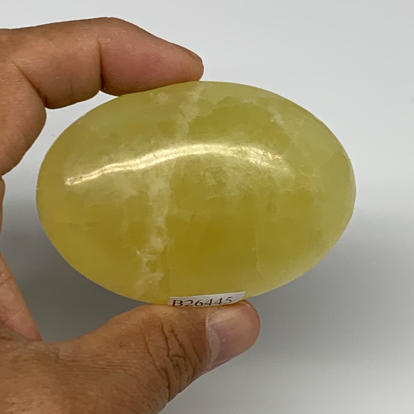 116.8g, 2.7"x1.9"x0.9", Lemon Calcite Palm-Stone Crystal Polished @Pakistan,B264