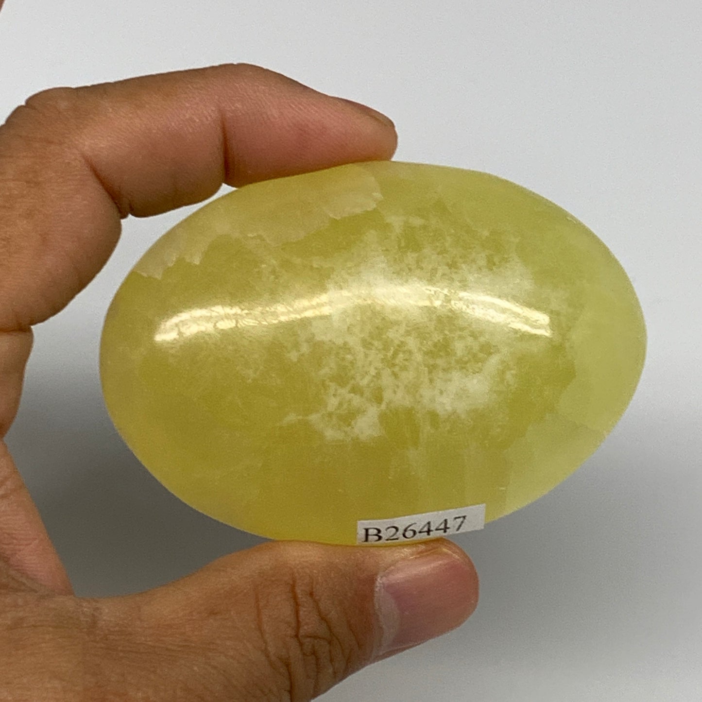 124.4g, 2.7"x1.9"x0.9", Lemon Calcite Palm-Stone Crystal Polished @Pakistan,B264