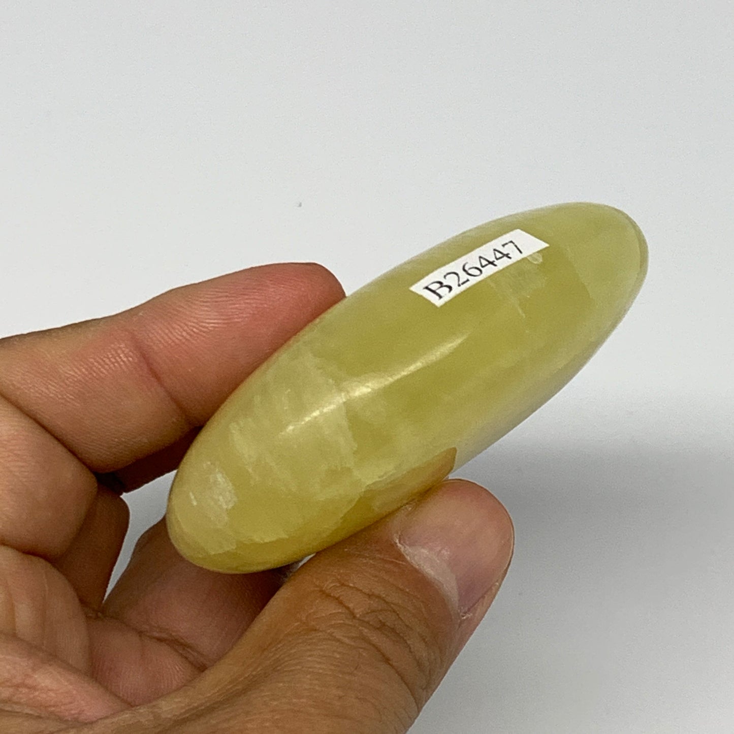 124.4g, 2.7"x1.9"x0.9", Lemon Calcite Palm-Stone Crystal Polished @Pakistan,B264