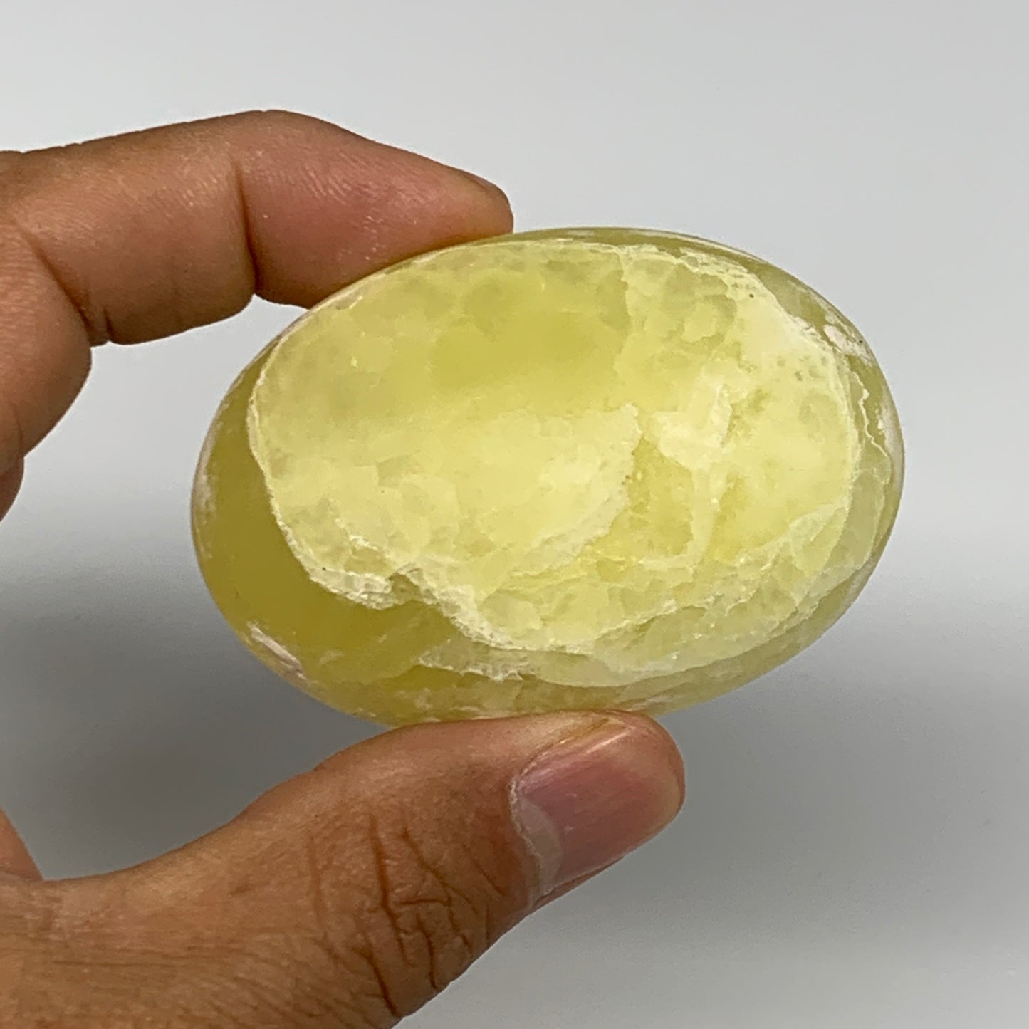 108.4g, 2.4"x1.7"x1", Lemon Calcite Palm-Stone Crystal Polished @Pakistan,B26455