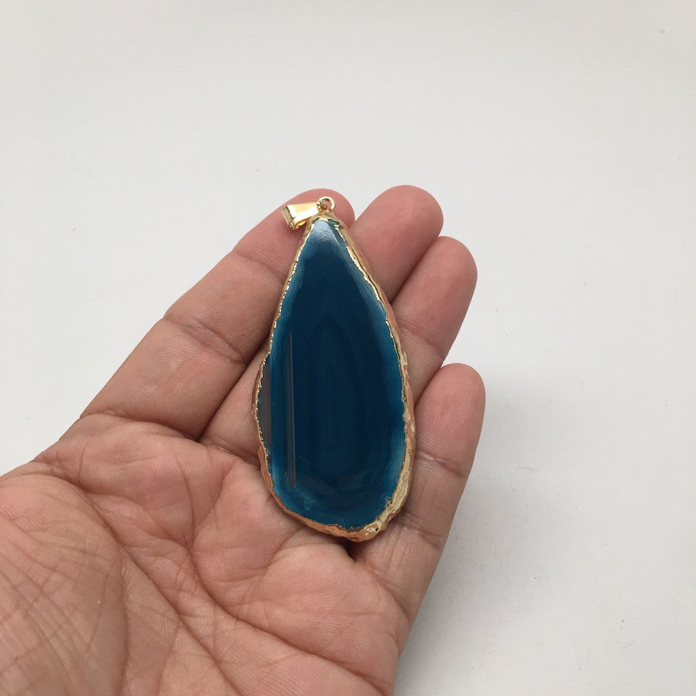 71.5 cts Blue Agate Druzy Slice Geode Pendant Gold Plated From Brazil, Bp1057 - watangem.com