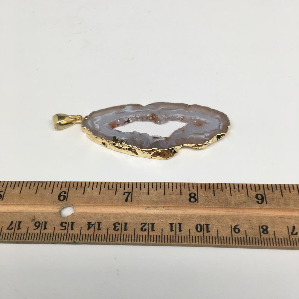 68.5cts,3.1"x1.1" Agate Druzy Slice Gold Plated X-Large Pendant @Brazil,Bp1145