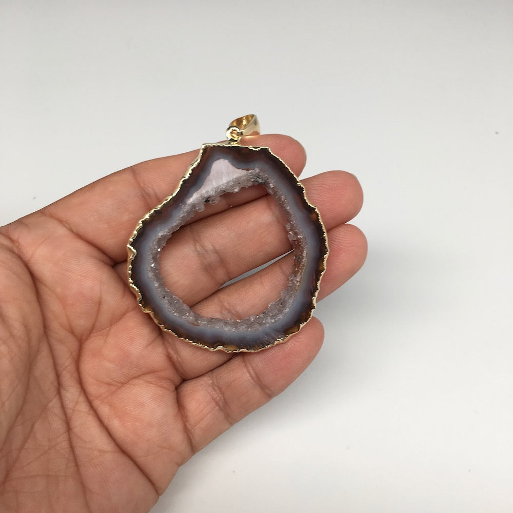 70.5cts,2.6"x2" Agate Druzy Slice Gold Plated X-Large Pendant @Brazil,Bp1148 - watangem.com