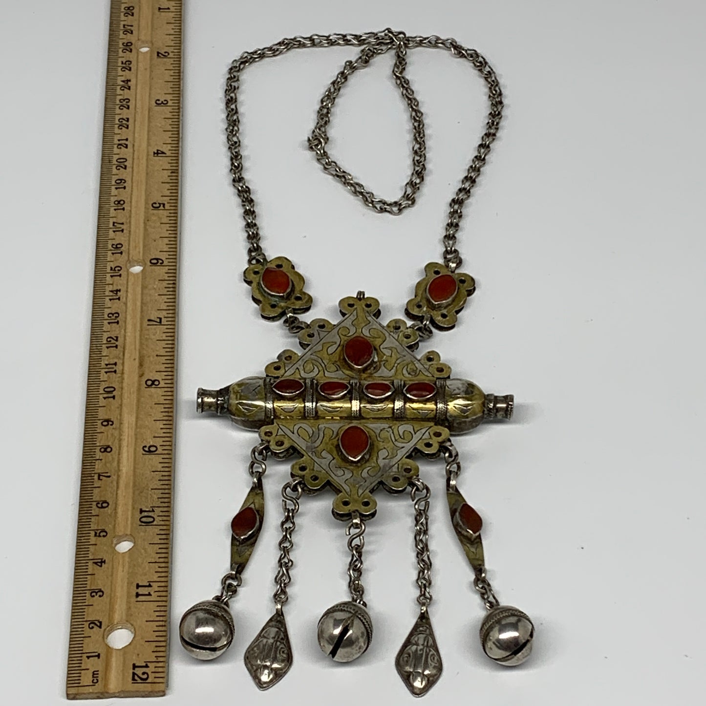 113.8g, 24" Vintage Turkmen Necklace Gold-Gilded Silver Rare Pendant, B14486