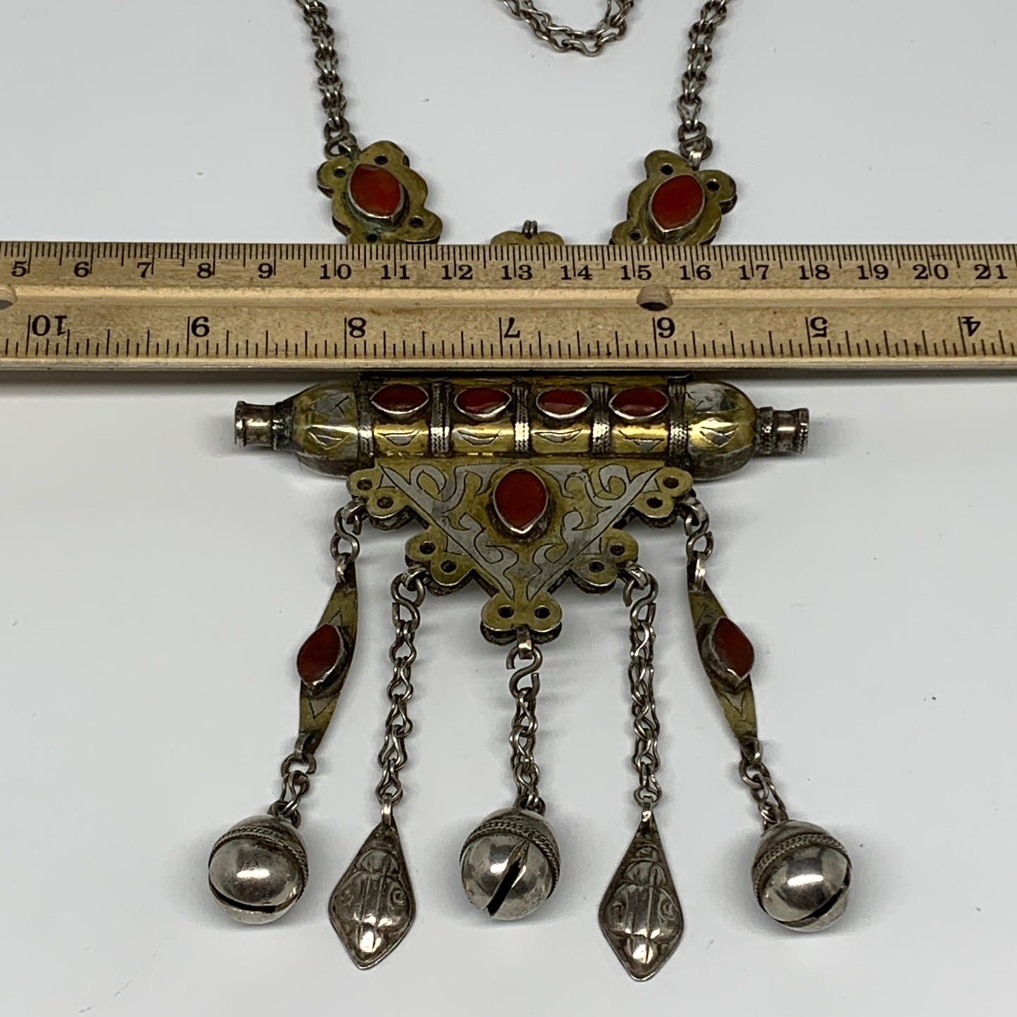 113.8g, 24" Vintage Turkmen Necklace Gold-Gilded Silver Rare Pendant, B14486