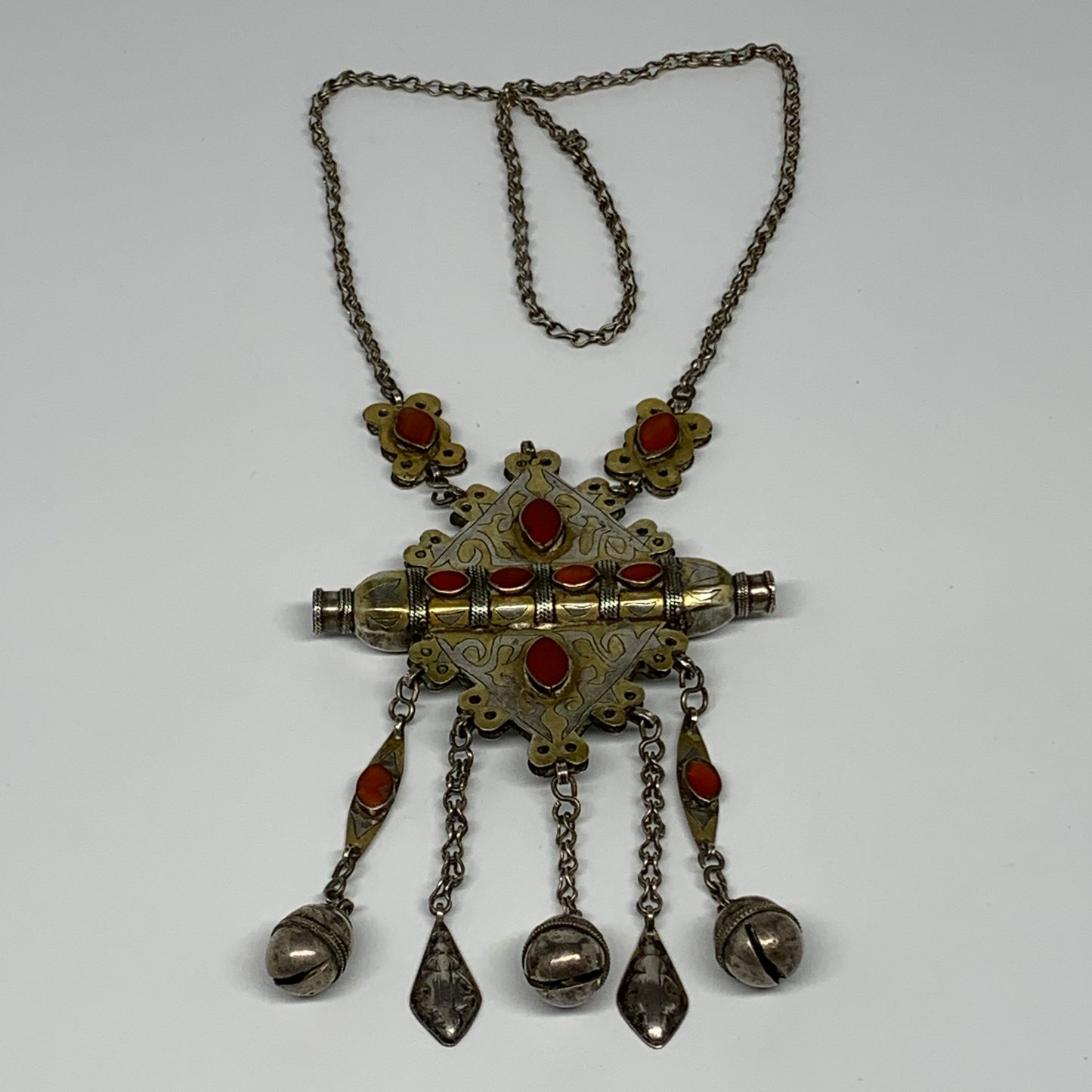 112.2g, 24" Vintage Turkmen Necklace Gold-Gilded Silver Rare Pendant, B14487