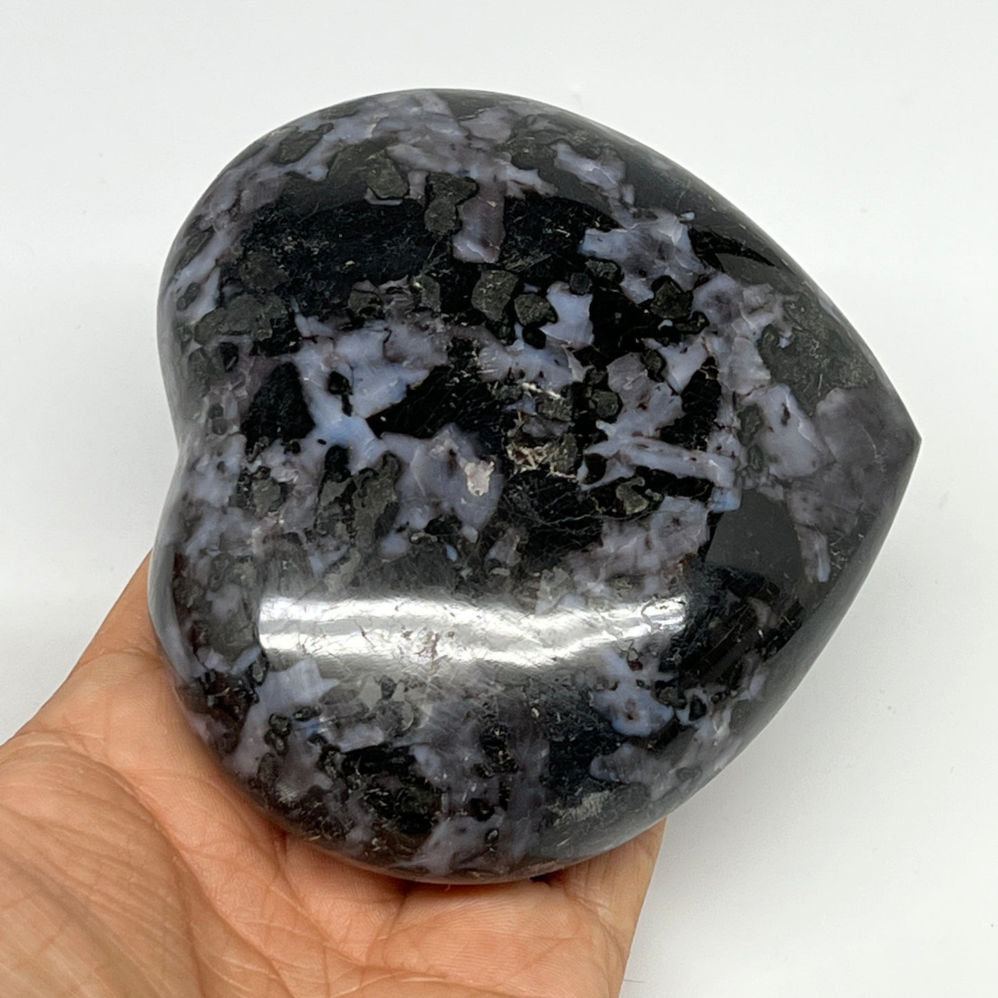 580g,3.7"x4"x1.5" Indigo Gabro Merlinite Heart Gemstone @Madagascar,B19907