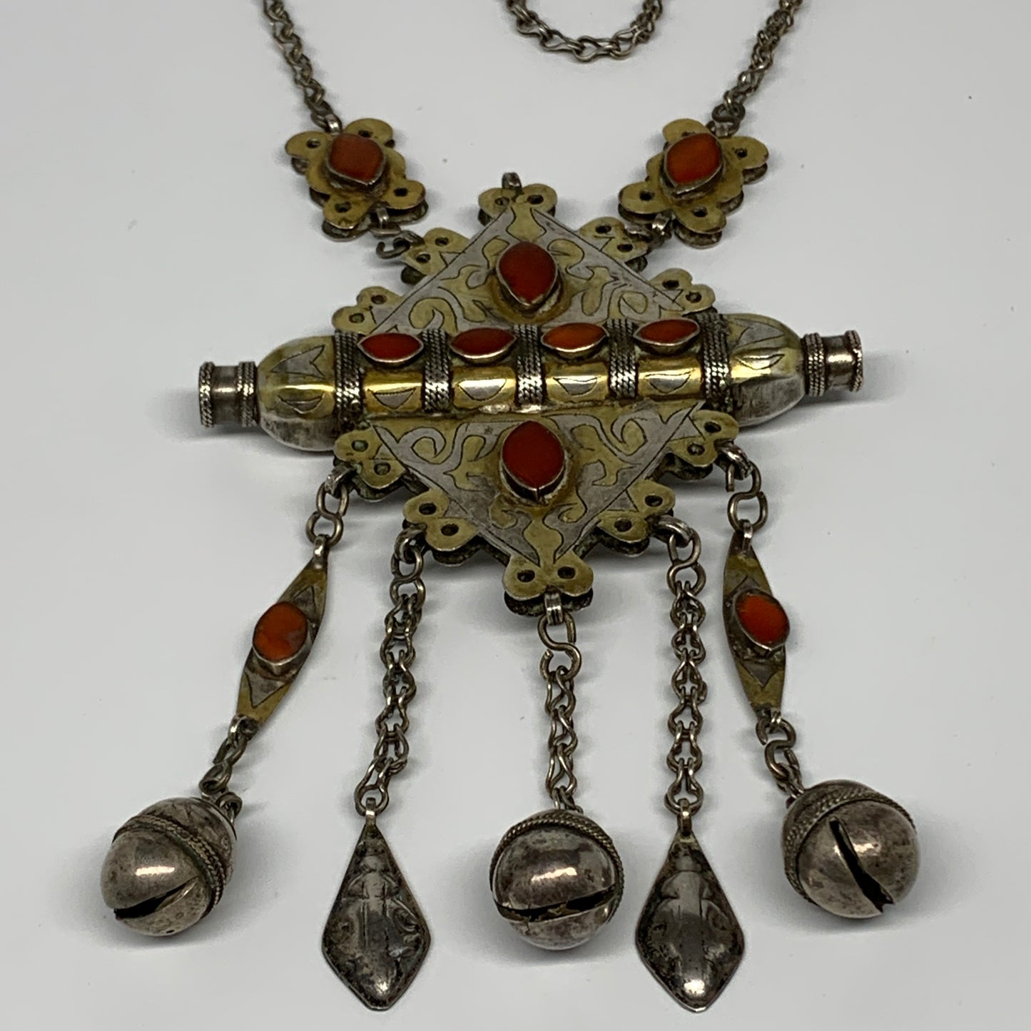 112.2g, 24" Vintage Turkmen Necklace Gold-Gilded Silver Rare Pendant, B14487