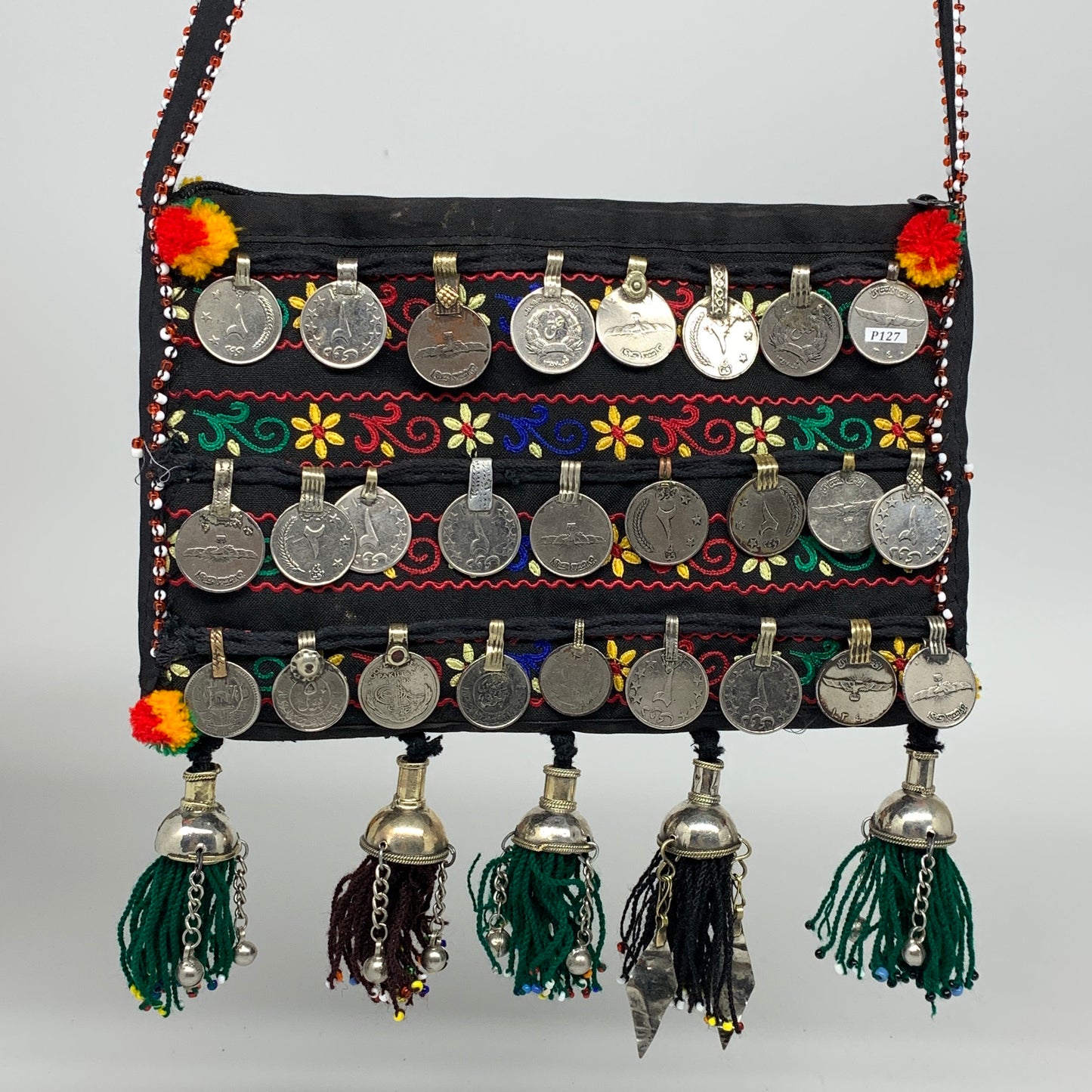 466g,9.5"x6"Turkmen Handbag Purse Crossbody Handmade Silk Coin @Afghanistan,P127