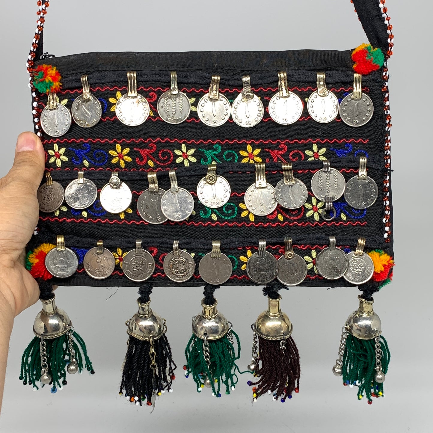 466g,9.5"x6"Turkmen Handbag Purse Crossbody Handmade Silk Coin @Afghanistan,P127