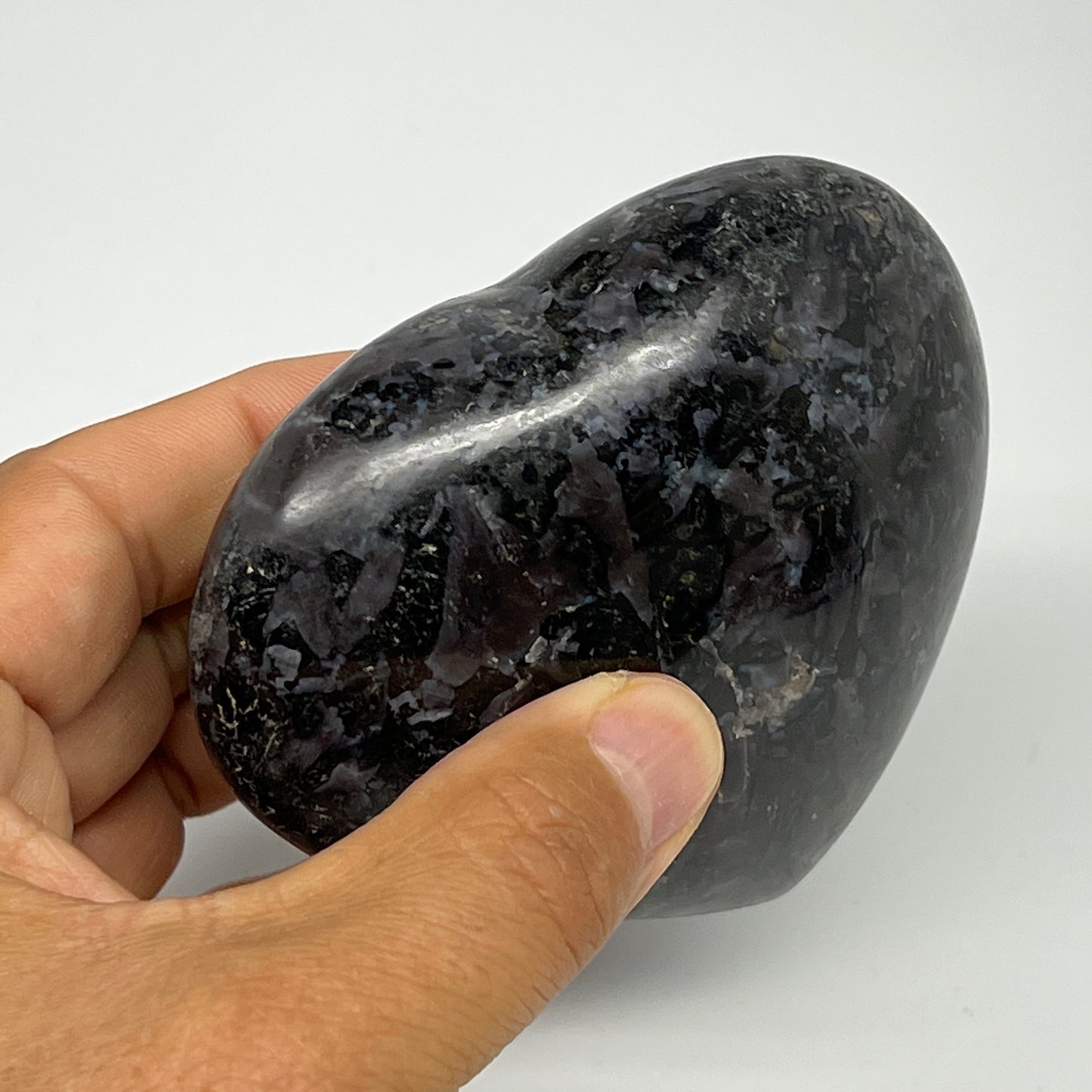 336g,3"x3.4"x1.4" Indigo Gabro Merlinite Heart Gemstone @Madagascar,B19910