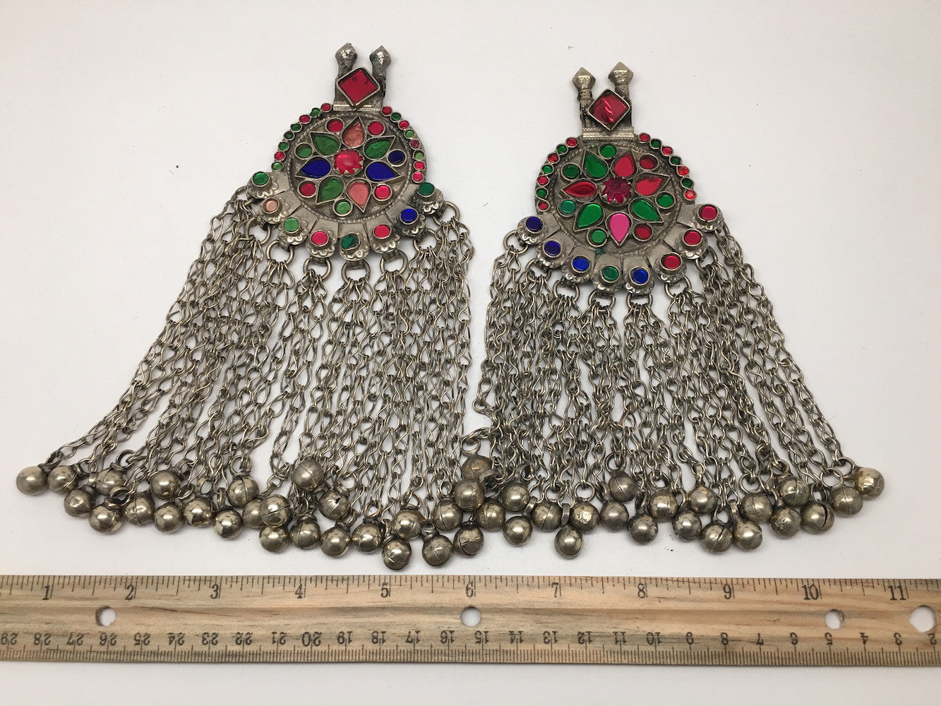 2x Pair Vintage Afghan Kuchi Pendant Jingle Bells Chain Boho ATS Statement,KC314