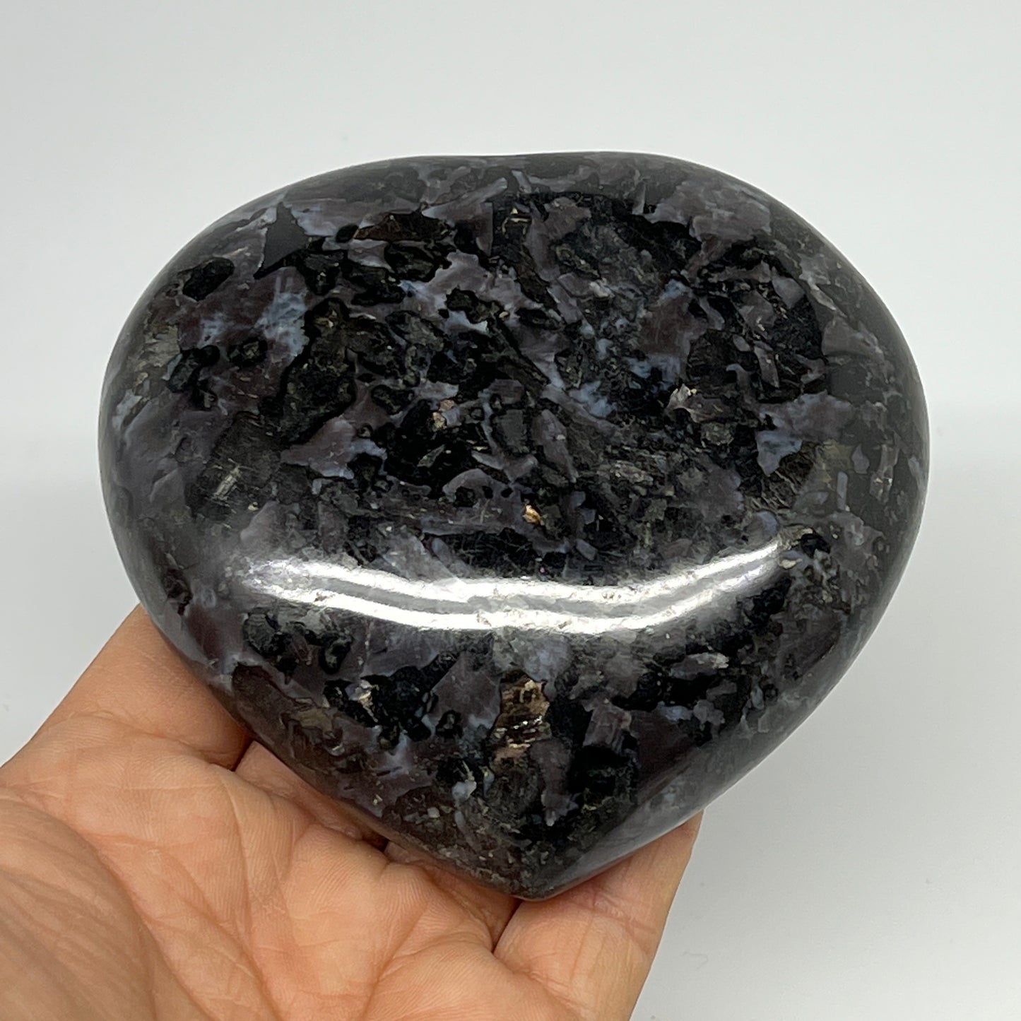 469.3g,3.6"x3.7"x1.3" Indigo Gabro Merlinite Heart Gemstone @Madagascar,B19931